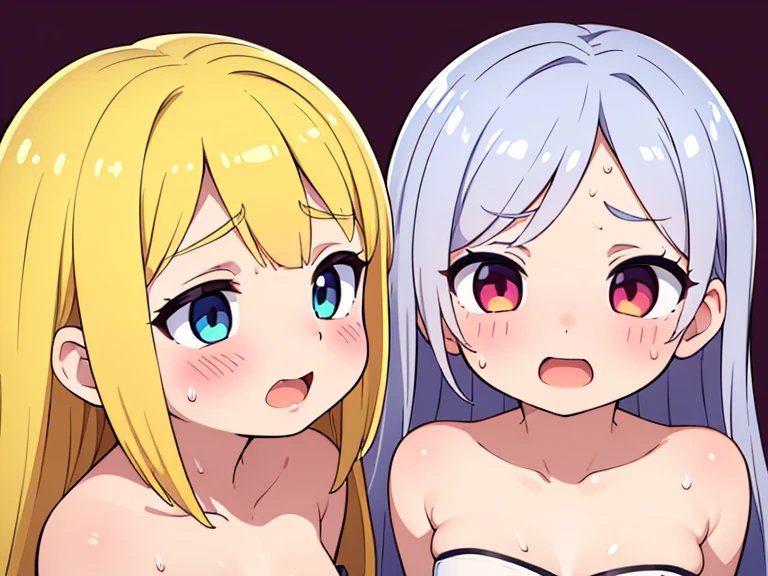 masterpiece, best quality, very aesthetic, absurdres nsfw,(2girls:1.3),duo,oral,side by side,uvula,Tongue out,Tongue to Tongue,open mouth,lineup,looking at viewer,red eyes,blush,hand on mouth,Blue hair,nude,tan,red eyes,High lightness,High Saturation,White hair,silver hair,(heavy_breathing),mouth,front view,masterpiece, best quality, very aesthetic, absurdres,breasts,(grey hair),(light hair),(medium shot),straight-on),(leaning forward),wide hip