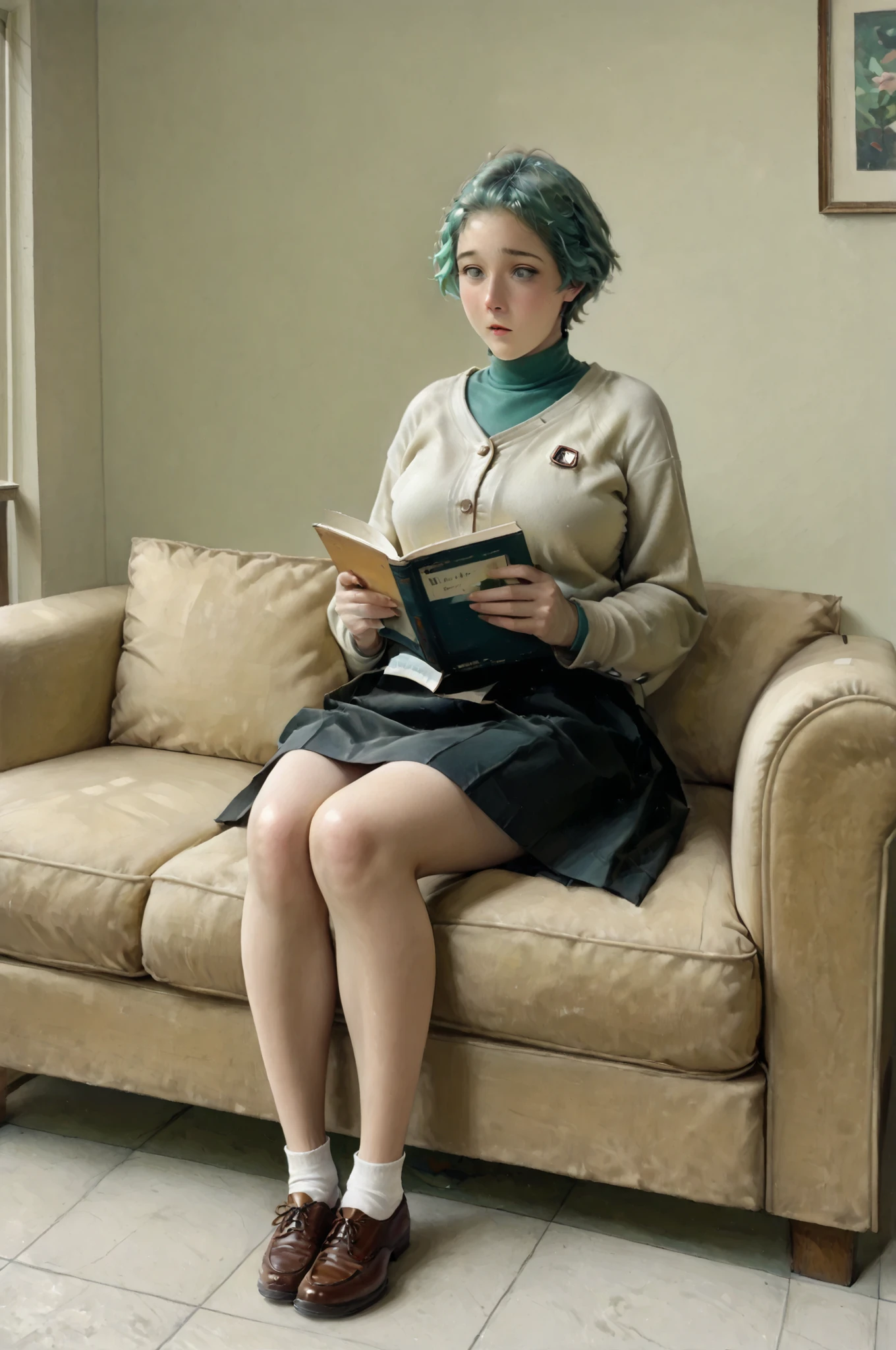 1girl, fuuka, sitting on a couch reading a book, legs crossed, (confused emotions:1.2)(fuukasummer, aqua hair, short hair, grey eyes, cardigan, green turtleneck, short black skirt) (very skinny body) Best Quality, High resolution, 1girl in,() Details breasts, Detail pose Detail Face, detail clothes fit, 1girl in), (very small breasts), (feminine curves), (tall girl), , (detailed perfect hands) , (dream like beauty) sunlight shafts , perfect lighting, cinematic composition, highly detailed, photorealistic, 8k, best quality , hyperrealisim, (), ,  (full body picture) (jab style) () (by norman rockwell) (defined hip and leg curves), skin texture, () (detail eyes!) 