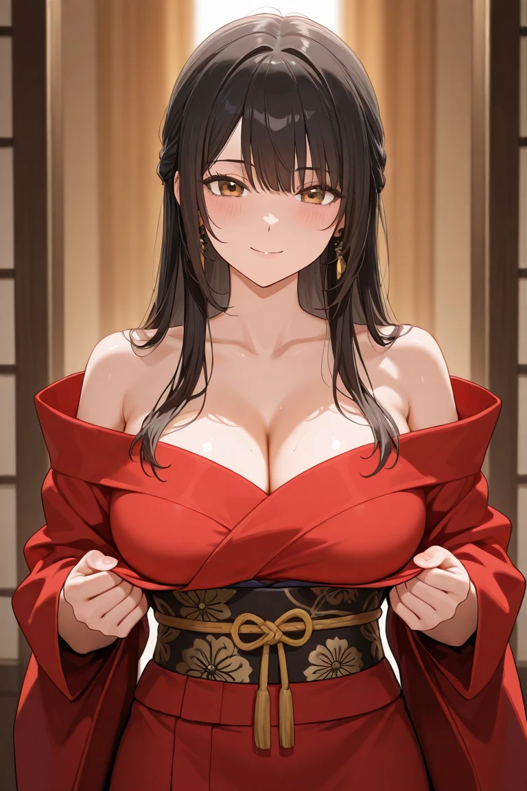 (masterpiece, highest quality:1.2),(Shiny skin:1.6), Upper Body, Detailed cloth texture, Detailed hair texture, One girl, alone, 17 year old girl sexy pose, Long eyelashes, Lips parted, shining pink lips, Pink Eyes, (The body is slim:1.1), (Beautiful black long hair:1.2), (Huge breasts:1.3), Floating Hair, (bangs), (Chinese clothing,Micro Chinese clothing), (Cleavage), (necklace, Earrings), smile, Blushing, View your viewers, (Cowboy Shot:1.5), Hotel Rooms