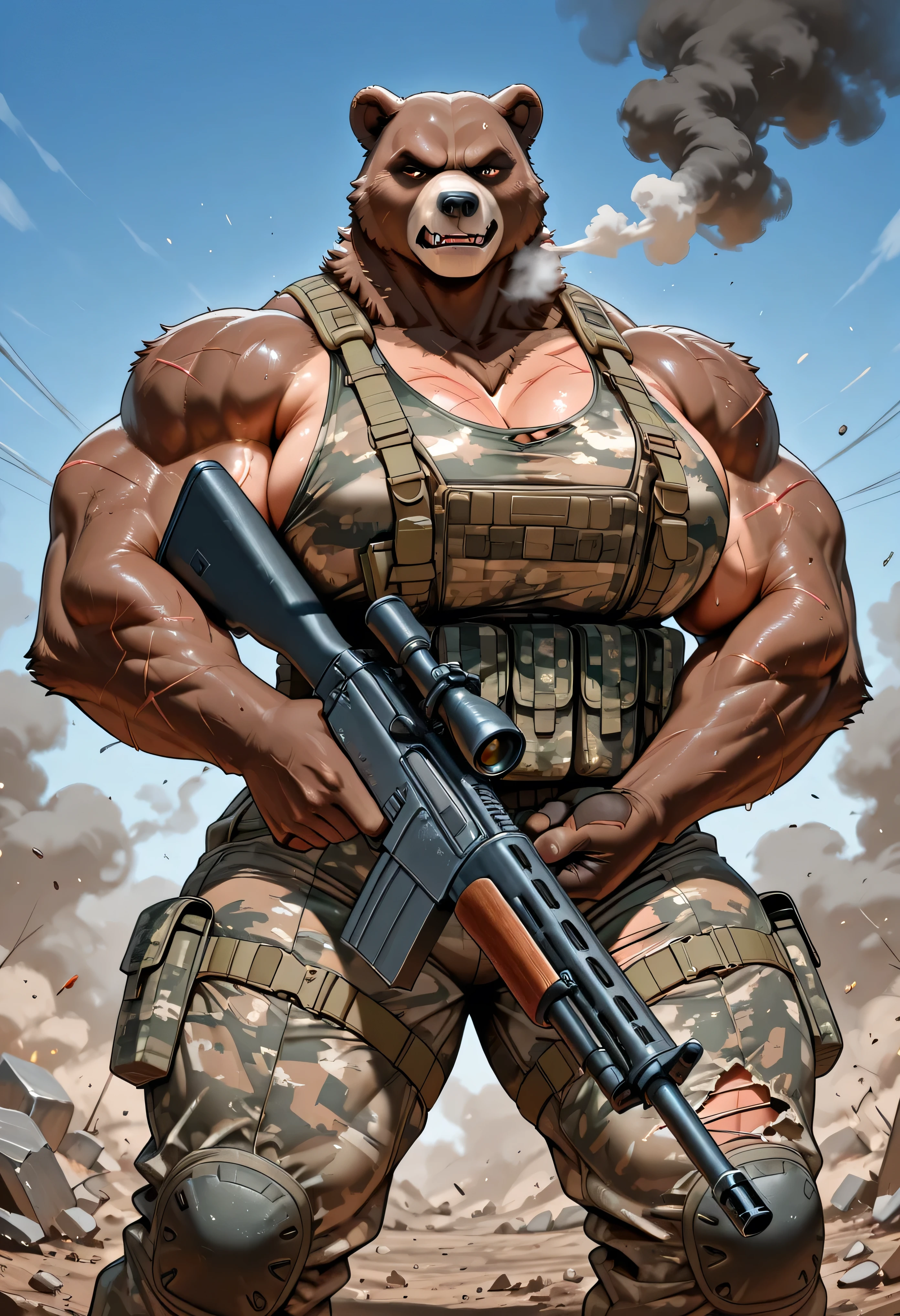 1girl, solo, furry female, red fur, battlefield, call of duty, outdoors, upper body, animal ears, dog girl, best quality, thick thighs, wide , huge , plump, small , frown, army, military uniform, camouflage, explosion, exploding clothes, straight-on, movie poster, dvd cover, videogame cover, english text, cleavage, aged up, shiny, shiny skin, sunglasses, detailed, photo, photorealistic, sweat, black nails, muscular female, toned, abs, navel, biceps, hands on , <lora:trg_cherry_v2:0.8>