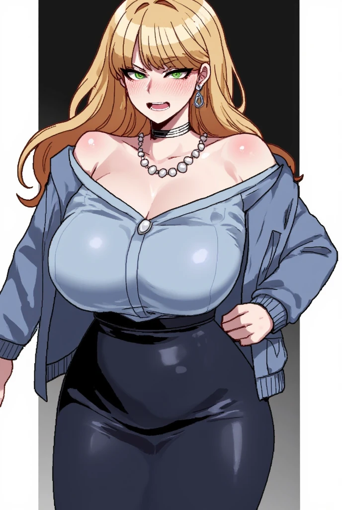 (masterpiece, best quality:1.2), cowboy shot, solo, 1girl, power \(csm\), sharp teeth, grin, looking at viewer, cross-shaped pupils, blue jacket, collared shirt, black necktie, black pants, wide hips, thick thighs, huge ass, enormous huge natural breasts, cleavage, mature mom, floating hearts, animification, chubby, flappy belly.