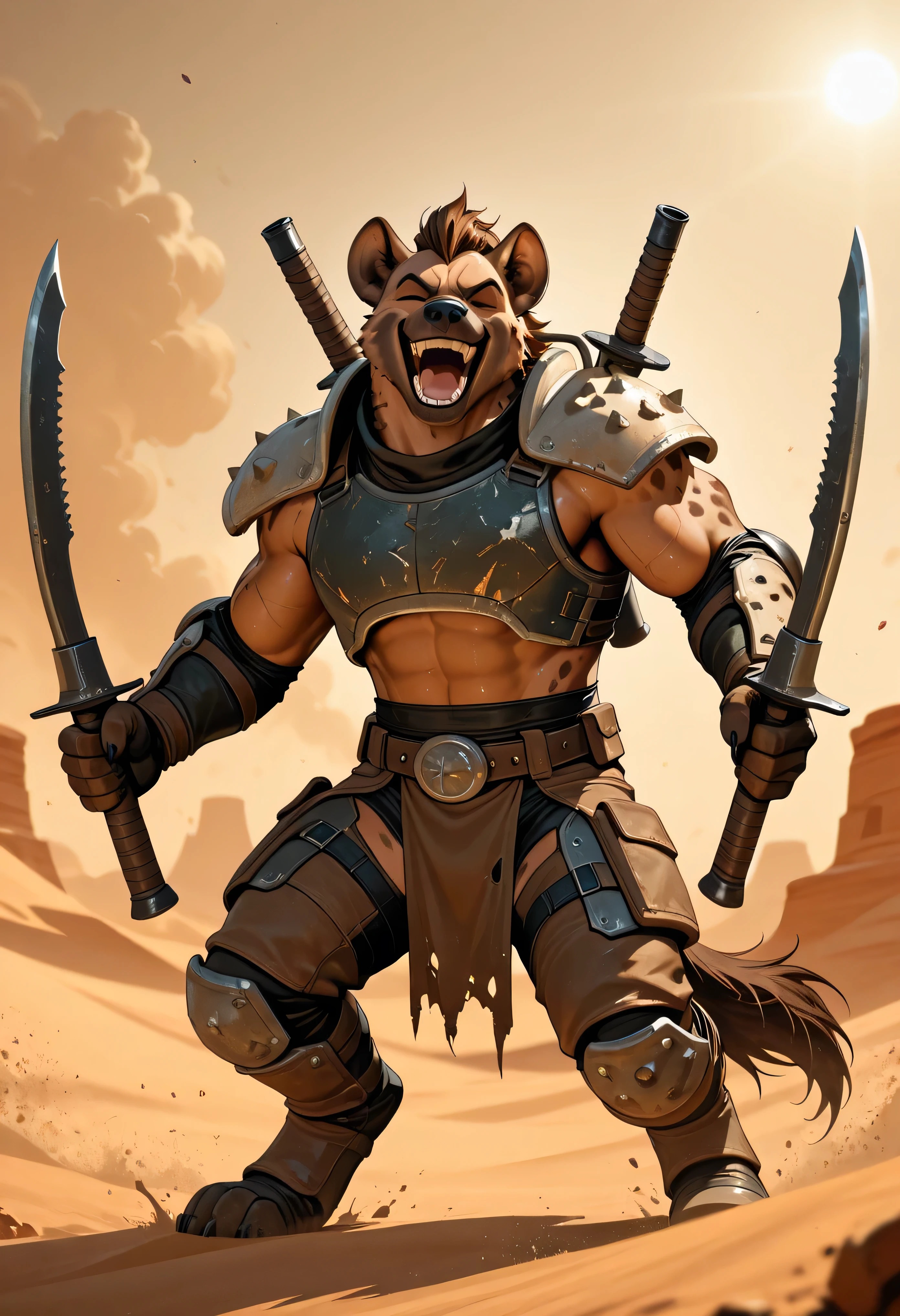  
Solo Sexy anthro furry bovine male mercenary medieval solider, slim endomorph muscular handsome model male apperance, scars, worn out rusty skimpy armament, low on hips heavy leather belt, old very worn out skimpy dirty linen material jockstrap, old yellow dirty worn out stains on white sawn jockstrap, very visible "x" brown seam pattern on the jockstrap, skimpy armlets studded breastplate armor, skimpy rusty breastplate, leather biceps tighs bondages, fingerless leather gloves, smelly unwashed furr, dirty body look, desert battlefield, battlefield aftermatch, standing in fighting ready position, legs wide open, close view of full character, hesitant, watchful eyes, clenches his teeth, he holds a bloody sword in his right hand