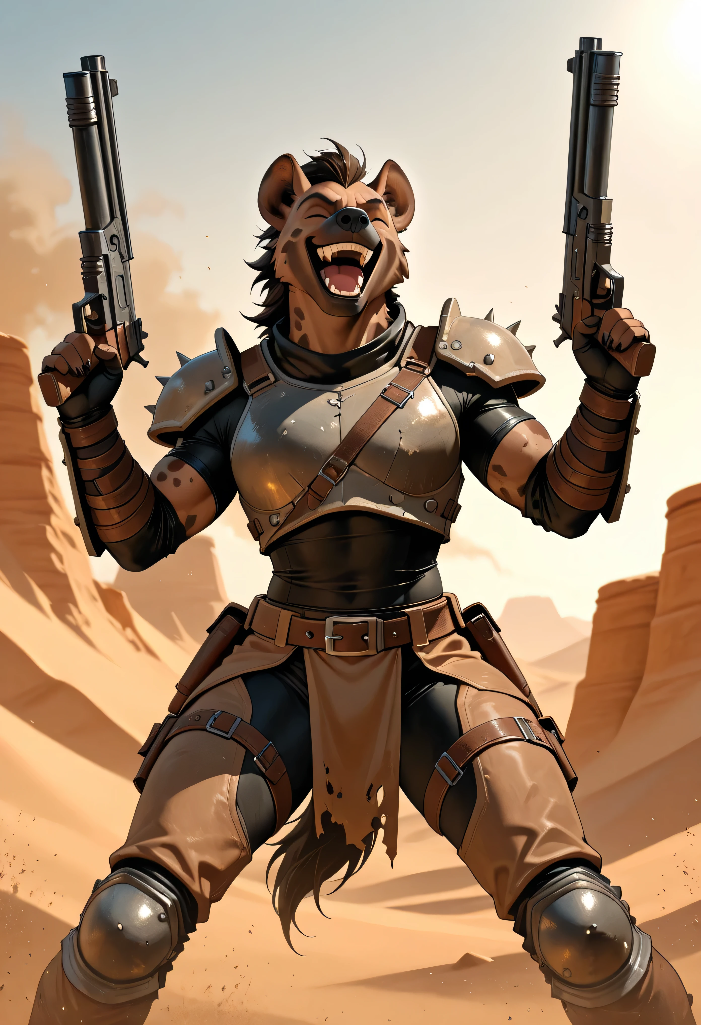 Tall_lanky_muscular_hyena female brown_multitoned_furry_body brown_eyes very_fluffy scarred_body steel_armor solo Masterpiece best_quality absurdres highly_detailed cleanly_drawn_eyes anthro_only by_claweddrip, by_greasymojo, by_underscore-b, by_runawaystride