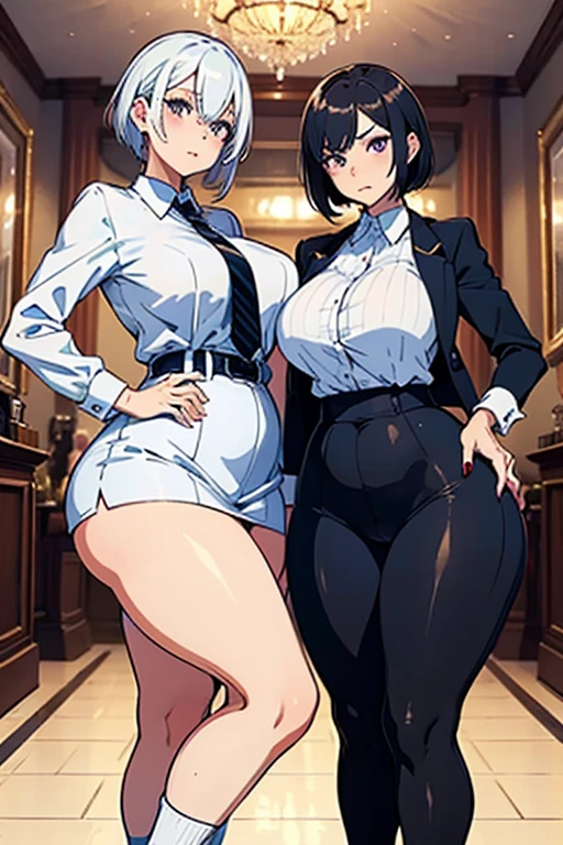 mother and daughter, cow girl, wide hips, cow ears, cow horns, bell, collar, huge breasts, cow pattern clothes, revealing clothes, standing, full body, short hair, curvy, glasses, blushing face