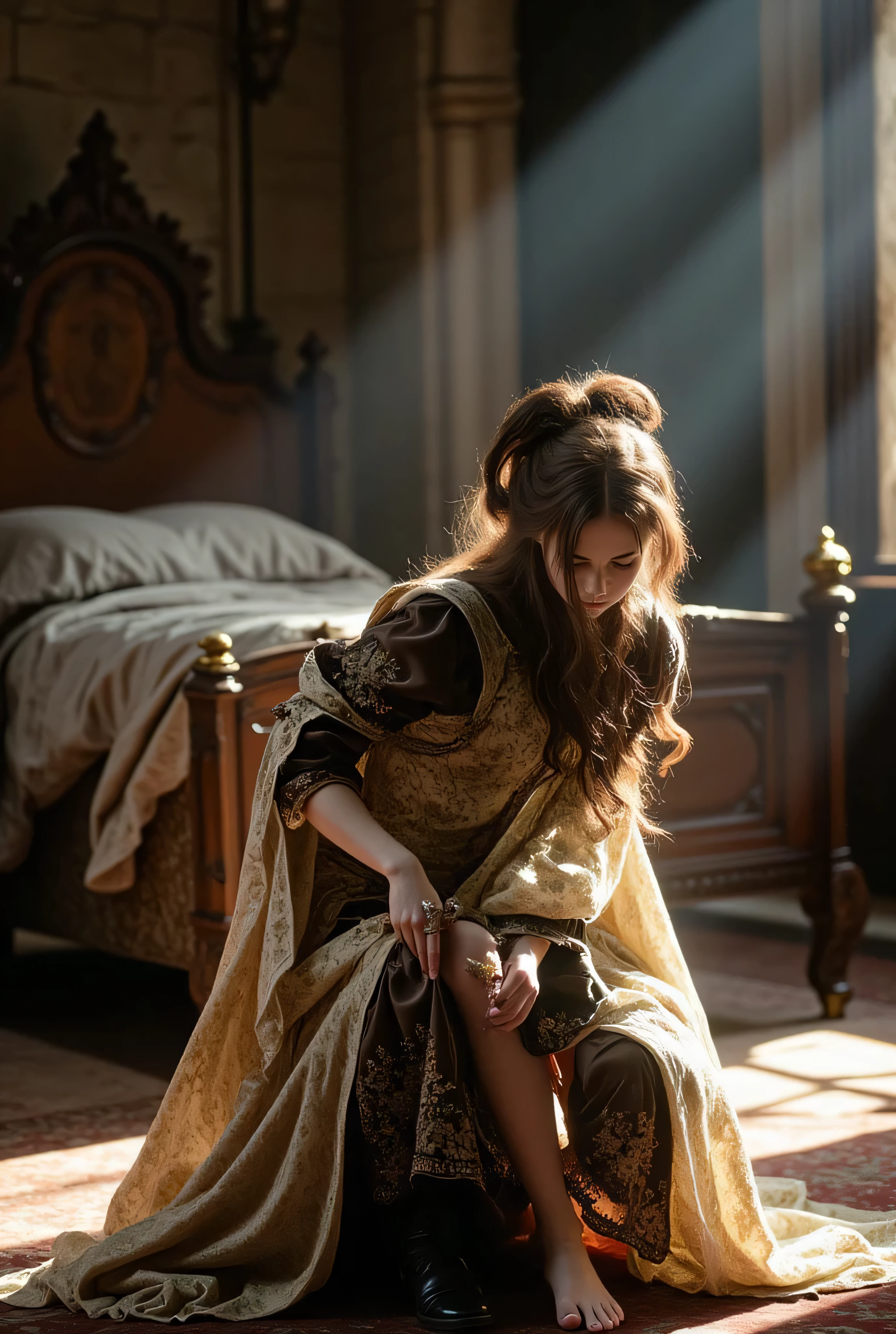 A woman is kneeling on the floor with both knees touching the ground, her upper body leaning slightly forward. One arm rests gently on her knee, while the other hand is placed on the floor for support. She is dressed in an elegant medieval gown with intricate embroidery and flowing sleeves, her hair styled in soft waves. The background features a grand, classical interior with a large, ornate wooden bed draped in luxurious fabrics and a carved wooden nightstand. Sunlight streams through tall, arched windows, casting a warm, natural glow over the stone walls and antique furnishings. The scene evokes the atmosphere of a classical painting, filled with timeless elegance and historical charm.