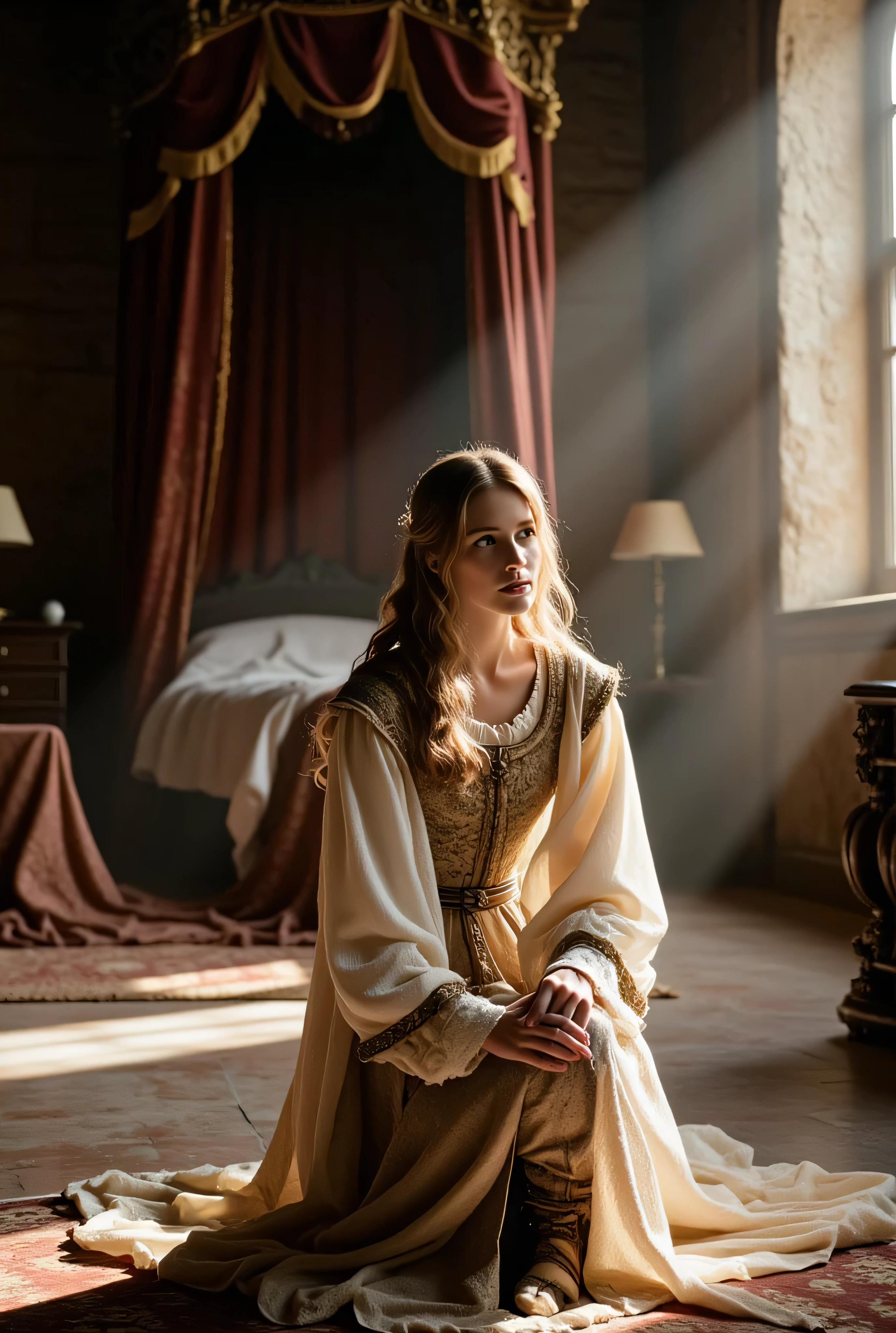 A woman is kneeling on the floor with both knees touching the ground, her upper body leaning slightly forward. One arm rests gently on her knee, while the other hand is placed on the floor for support. She is dressed in an elegant medieval gown with intricate embroidery and flowing sleeves, her hair styled in soft waves. The background features a grand, classical interior with a large, ornate wooden bed draped in luxurious fabrics and a carved wooden nightstand. Sunlight streams through tall, arched windows, casting a warm, natural glow over the stone walls and antique furnishings. The scene evokes the atmosphere of a classical painting, filled with timeless elegance and historical charm.