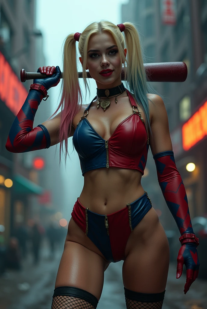 margot Robbie as Harley Quinn in Suicide Squad, full body, soft lighting, dynamic angle, realistic lighting, photo by Robert Adams, (natural skin texture, hyperrealism, soft light, sharp: 1.2), (intricate details: 1.12), hdr masterpiece, best quality, (highly detailed photo: 1.1), 8k, photorealistic, (SFW)