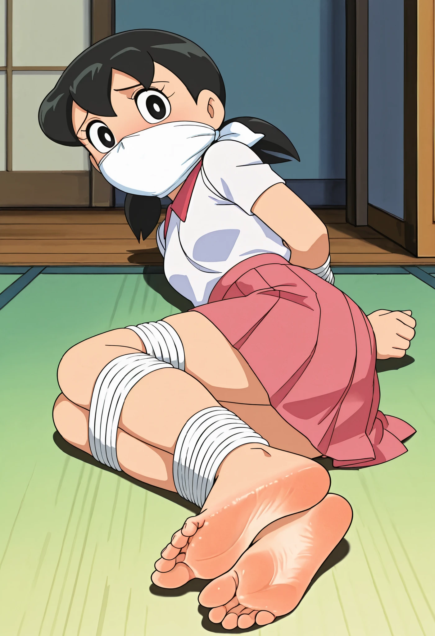 anime screencap, best quality, absurd res, ultra detailed, perfect eyes, detailed eyes, detailed face, detailed background, score_9, score_8_up, score_7_up, source_anime, prefect lighting, very aesthetic, intricate details, highly detailed background, high quality, prefect hands, retro anime style, 1girl, looking at viewer, struggling, scared, indoors, japanese room, lying on the floor, Minamoto Shizuka , black hair , pink skirt, pleated skirt, black eyes , twintails , white shirt, short sleeves, on side, foot focus, barefoot, foot, toes, soles, foot wrinkles, highly detailed soles, each foot has exactly five soles, showing her soles to the viewer, arms behind back, bondage, bound arms, bound bust, white ropes, bound legs, gagged, tape gagged, white cloth gag, over the nose gag,