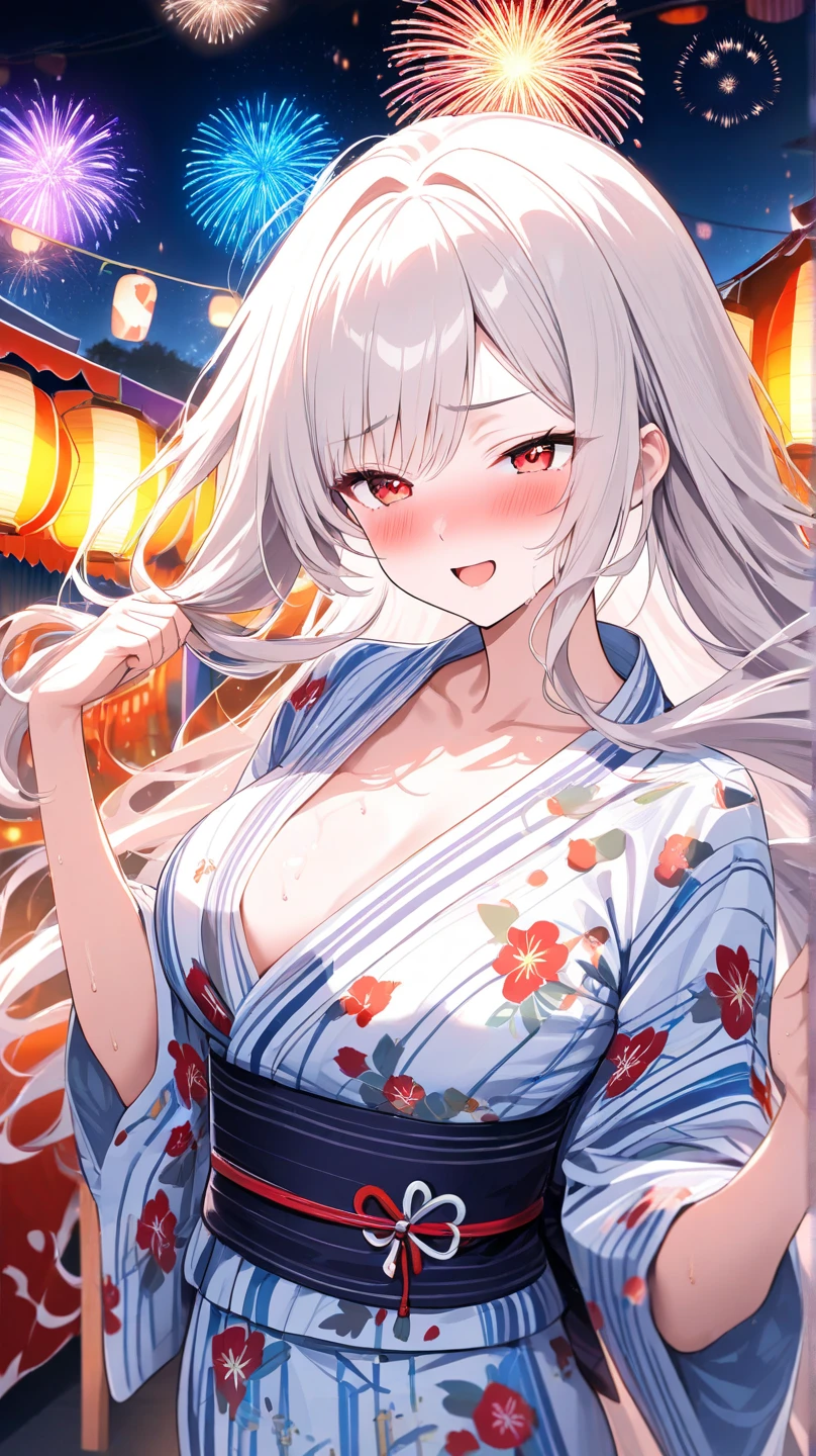 masterpiece, high resolution, high quality, white yukata, fireworks, festival, big breasts, cat ears, floral pattern, yellow eyes, gray hair, twin tails