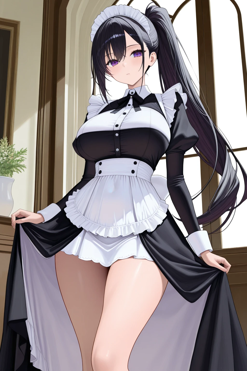 maid costume、black tights、Leg spread