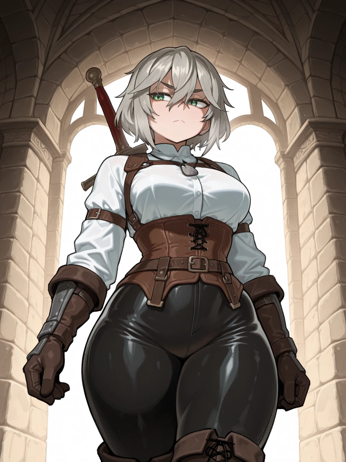 Solo, female, pink turtleneck tunic, cloak, fantasy outfit, fantasy village, short hair, wavy hair, messy hair, ((dark tan skin)), glasses, cleric, cropped jacket, athletic, slightmuscle, slightly muscular, pants, abs, wide abdomen