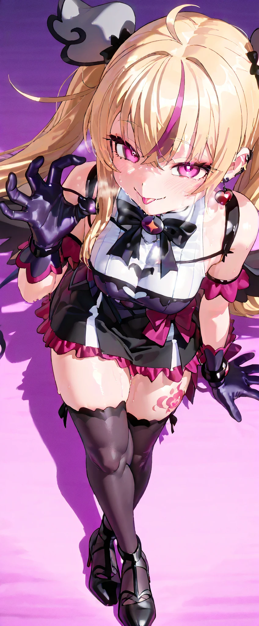 masterpiece, best quality, 1girl,blonde hair,Sui, (finely detailed heart shaped pupils and detailed face),,cowbody shot,lovestruck,extremely detailed picture unity 8k wallpaper,solo,(latex maid costume:0.9),glamour body,seductive smile,latex thighhigh,from below,looking at viewer,lift skirt,try to show me leotard