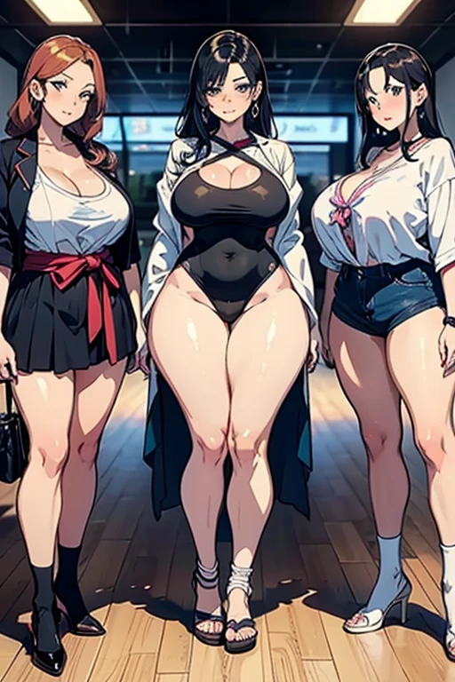 best quality, 4k, masterpiece, ultra-detailed, studio lighting, cheerful, vibrant expression, ((sexy milf trio lined up)), gigantic breast , a blond, teats, thighs thighs thighs thighs, black kimono, very small kimono, kimono was wet, Dark skin, dark skin ladies, Brown hair, curvy body, ((sfw:1.3)), close up