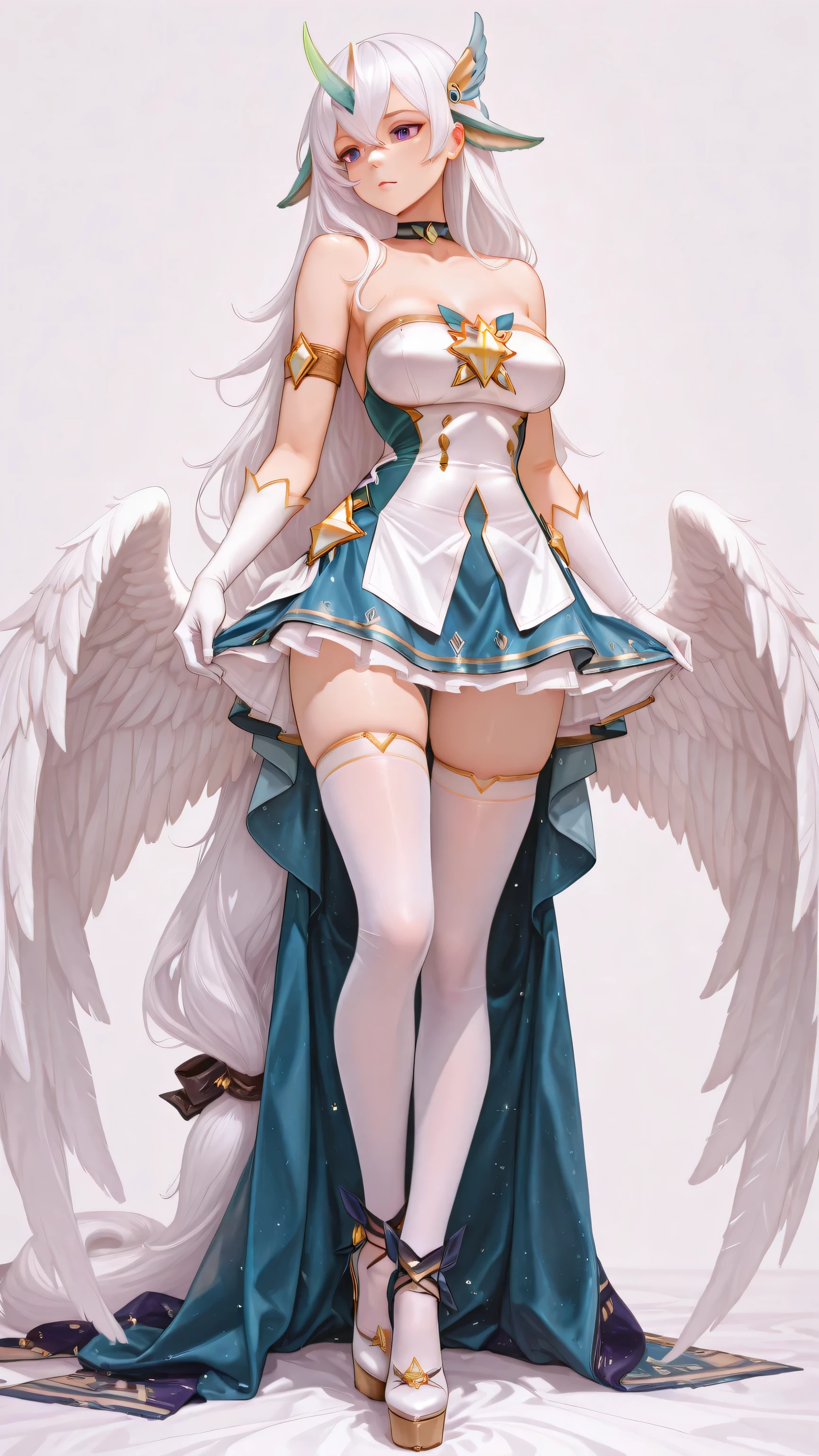 (full body shot of:1.4),white backgrounid,(1 Angel Girl,shiny wings,The halo,Delicate headgear,ssmile),(paper art,Quilted paper art,Geometry),(plethora of colors,Best quality,high detal,tmasterpiece,Cinematic lighting effects,4K,Chiaroscuro),huge tit,blue hair,pigtails,Blue knee-length boots