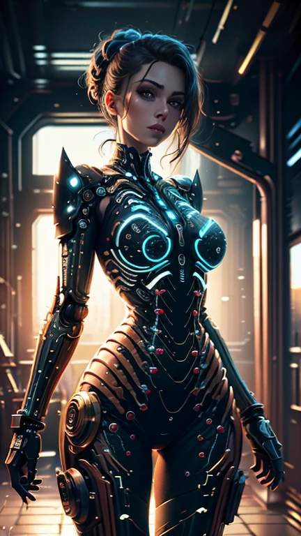 Top Quality, Masterpiece, Ultra High Resolution, ((Photorealistic: 1.4), Raw Photo, 1 cyberpunk Girl, Glossy Skin, 1 Mechanical Girl, (Ultra Realistic Details)), mechanical limbs, tubes connected to the mechanical parts, mechanical vertebrae attached to the spine, mechanical cervical attachment to the neck, wires and cables connecting to the head, Evangelion, Ghost in the Shell, small glowing LED lamps, global lighting, deep shadows, Octane Rendering, 8K, Ultra Sharp, Metal, Intricate Ornament Details, baroque details, Very intricate details, realistic light, CGSoation trend, facing the camera, neon details, (android manufactory in background), art by H.R. Giger and Alphonse Mucha.