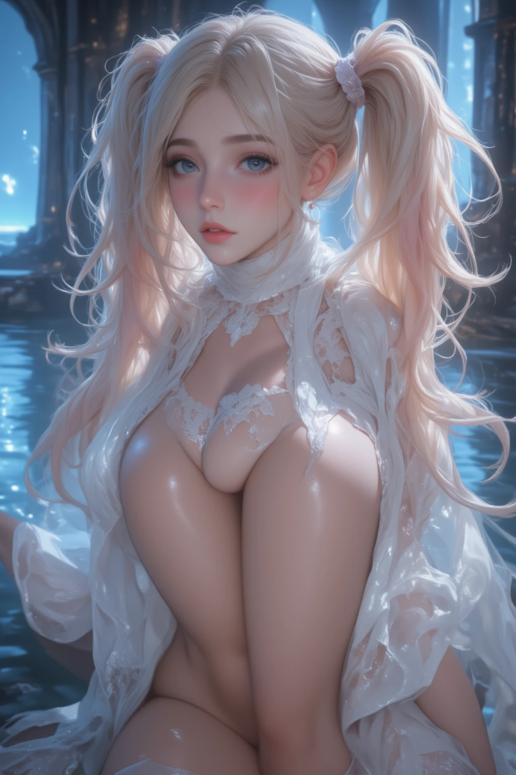 Best quality, masterpiece, ultra high res, (photorealistic:1.4), raw photo, 1girl, offshoulder, in the dark, deep shadow, low key, cold light,pose,naked girl, visible beautiful pubic area, pink pesons, small breasts in sight, tattoos on the naked body,(masterpiece), best quality, expressive eyes, perfect face,{{{Masterpiece}}}}, {{{ultra detailed}}}, {{8k hd}}, {great anatomy}, good anatomy, {accurate anatomy}, {{perfect anatomy}}, {{{quality perfect }}}, 1woman, {{high quality}}, realistic, beautiful caucasian girl, detailed background, detailed face, realistic face, high resolution, overexposure, {{hyperrealistic}}, full body, Love, Devotion, Beautiful lighting, warm lighting, cinematic shot, depth of field, iridescent, illustration, medium breasts in view, light smile, closed mouth, (puppy pose), no panties, no bra, vagina in sight, beautiful naked woman lying in the pond, bed floating in pond, floating antique clock, lamp, lantern, night sky with storm, full moon,extremely smooth and fluid paint, 3D liquid paint, 3D fractals, gold and silver and bronze metallic colors, light particles, dreamy, 3D soft relief, bright sparkles, dreamy shine, concept art by Alberto Seveso, dripping paint, gold-silver and bronze oil painting, full body, beautiful girl, big buttocks, skin with watercolor paper texture, young girl, splash effect, sea, fluid, 3d fractals, light particles, dreamy shine , oil painting with strong strokes, dripping paint, night sky with storm, full moon, large foamy waves, floating bubbles, beautiful goddess emerging from the sea, long silver hair blurred with water, old floating clock, lamp, lantern , wet skin, beautiful