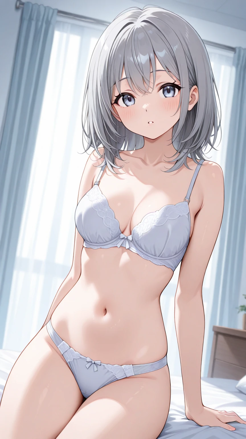 Top quality, (Masterpiece: 1.2), Very detailed, Own room, 1 girl, Solo, (muse), smile, watch the viewer, gray hair, circle of angels, short hair, hair ornament, green eyes, light in the eyes, white underwear, in the middle of dressing, realistic, from the knees up, glowing skin, fair skin, (medium breasts) ultra-realistic, realistic, photorealistic, portrait, blur,
