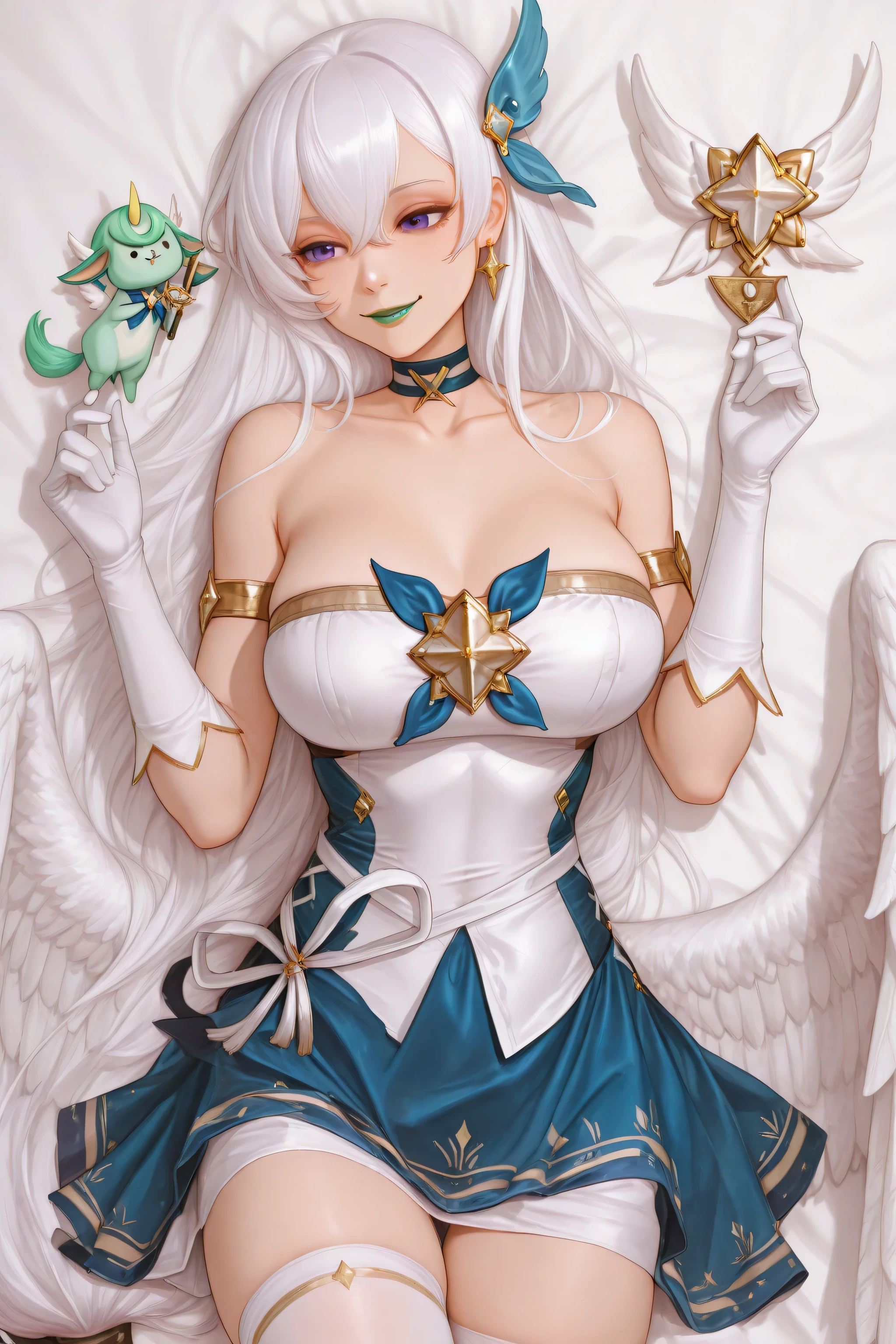 1girl, Belfast_shop,breasts, , long hair, white hair, bangs, collarbone, purple eyes, very long hair ,low-tied long hair ,hair between eyes, shoulders, gloves, magical girl, white gloves, skirt, alternate costume, armlet, choker, elbow gloves, white thighhighs, wings, hair between eyes, feathered wings ,, hair ornament , standing up,face only high quality facial features, , masterpiece, dakimakura, star guardian soraka outfit, Belfast cosplaying as Star Guardian Soraka, white and blue dress, holding a green wig in hand, smiling , french braid, green lipstick