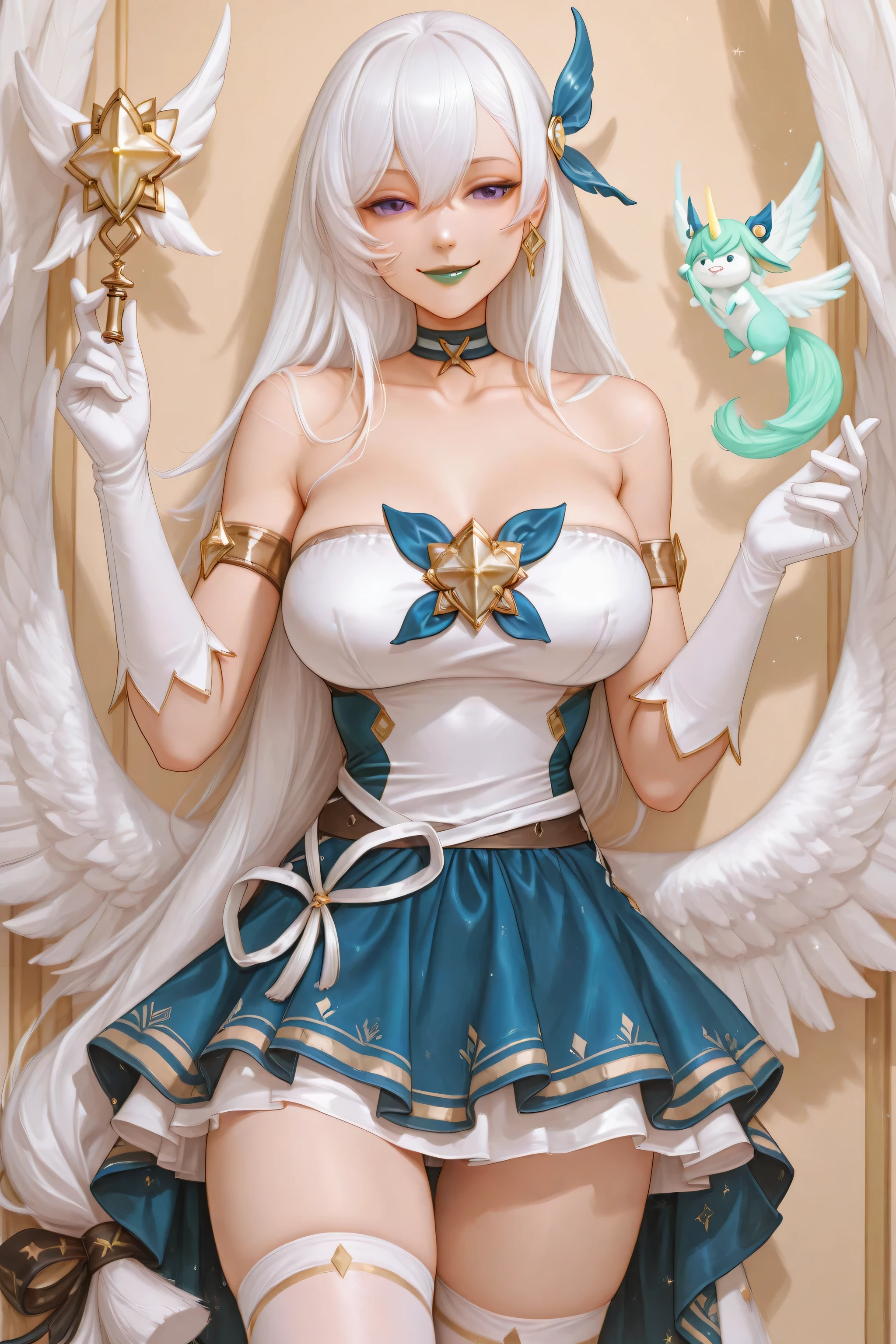 1girl, Belfast_shop,breasts, , long hair, white hair, bangs, collarbone, purple eyes, very long hair ,low-tied long hair ,hair between eyes, shoulders, gloves, magical girl, white gloves, skirt, alternate costume, armlet, choker, elbow gloves, white thighhighs, wings, hair between eyes, feathered wings ,, hair ornament , standing up,face only high quality facial features, , masterpiece, dakimakura, star guardian soraka outfit, Belfast cosplaying as Star Guardian Soraka, white and blue dress, holding a green wig in hand, smiling , french braid, green lipstick