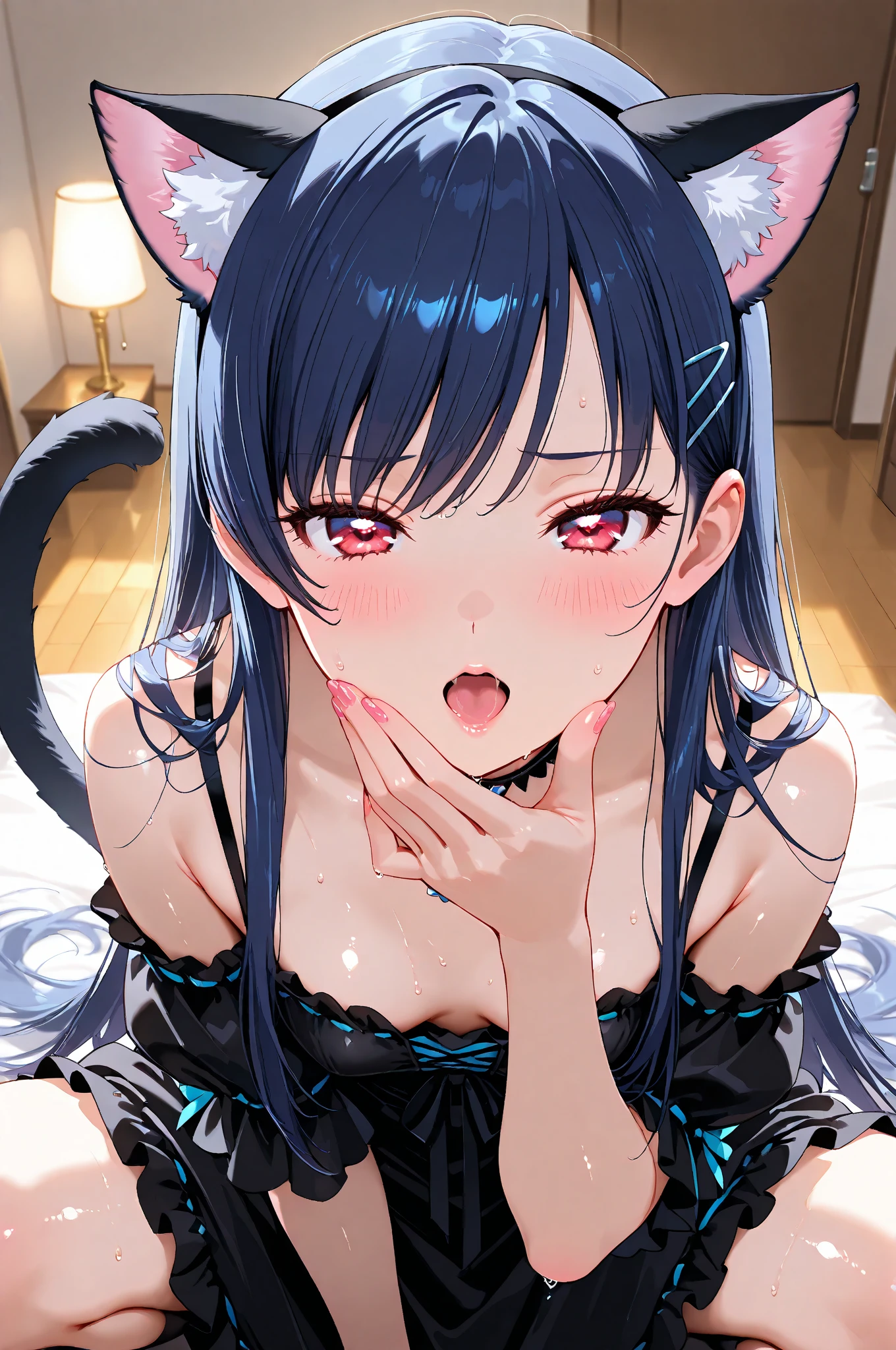 black hair, hair bobbles, wince, longeyelashes, solid circle eyes, fake animal ears, light smile, ear blush, fang, Surrealism, drop shadow, anaglyph, stereogram, tachi-e, pov, atmospheric perspective, 8k, super detail, ccurate, best quality, Cel Shade Adult Animation、a large amount of mucus, human body, BLOW JOB , POV, SUCKING DICK, ((CUM)), tit fuck