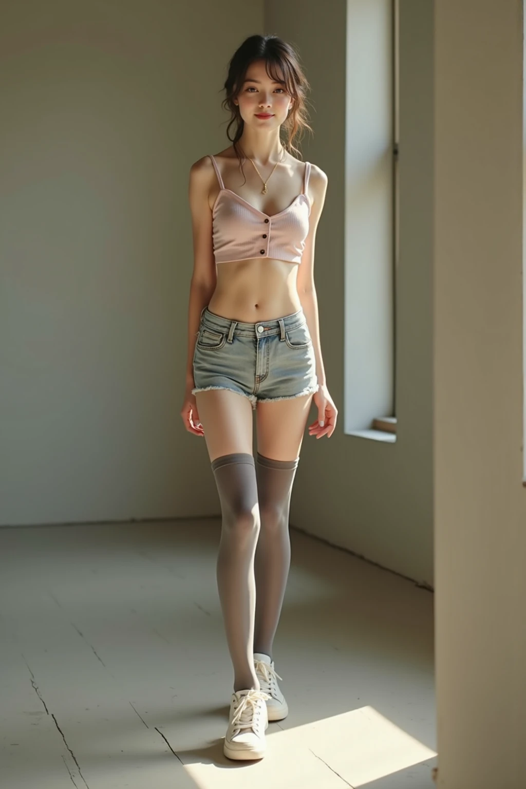 Stunning sweet girl in & nice panties. skirt lift. photorealistic girls. Stunning full body photo, green eyes, blue eyes, long legs, sandalias de tacón alto negros de plataforma, foto de cuerpo completo