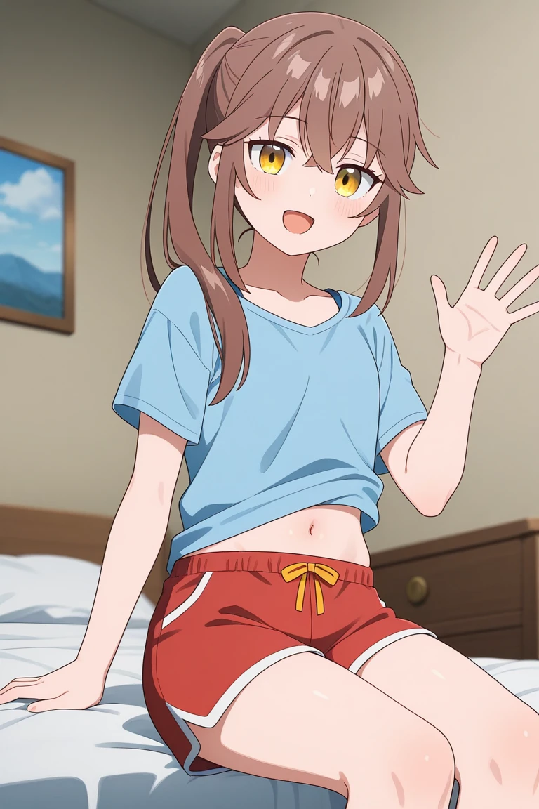 score_9, score_8_up, score_7_up, score_6_up, score_5_up, score_4_up, BREAK source_anime,POV,on bed,sitting(blush,steam,sweat:1.3), <lora:Asahina_Aoi_Anime_V2:1>asahina aoi, danganronpa, ponytail, blue eyes, tan, hairclip,red jacket, red tracksuit, long sleeves, white tank top, short shorts, blue shorts, cleavage