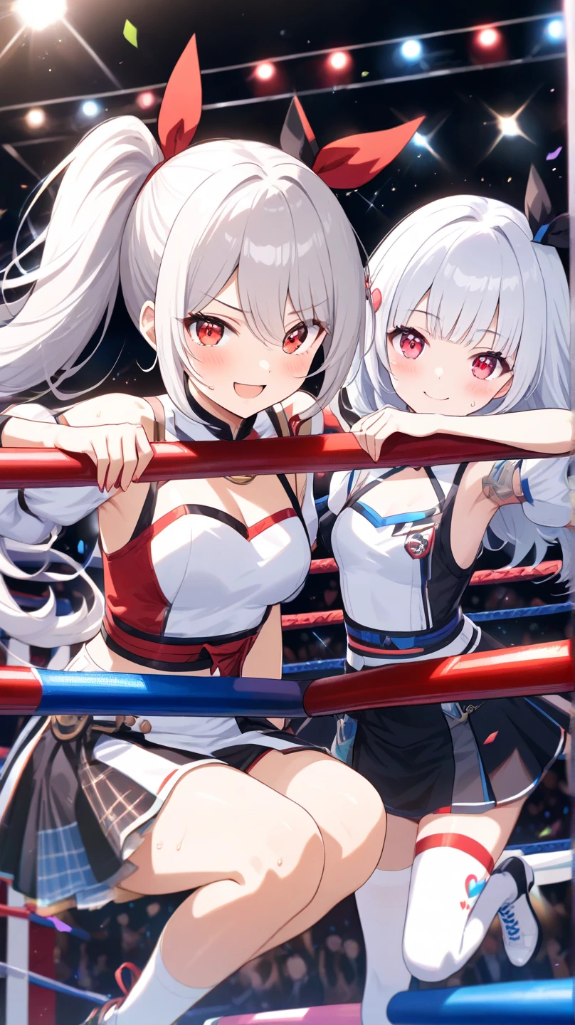 Cute girl with skirt belly punch in the corner of the ring,((masterpiece)),long hair,beautiful white skin、 ((charming))、happy smile、perfect proportions、(((Kickboxing)))、(((Mixed wrestling))), cute woman, baby face, BREAK source_anime, high detail, looking at viewer,POV, large chest, best quality, highly detailed, young face, white background,Droopy eyes,relaxed face,she attacks,frilly skirt,heart hair ornament,twin tale hair