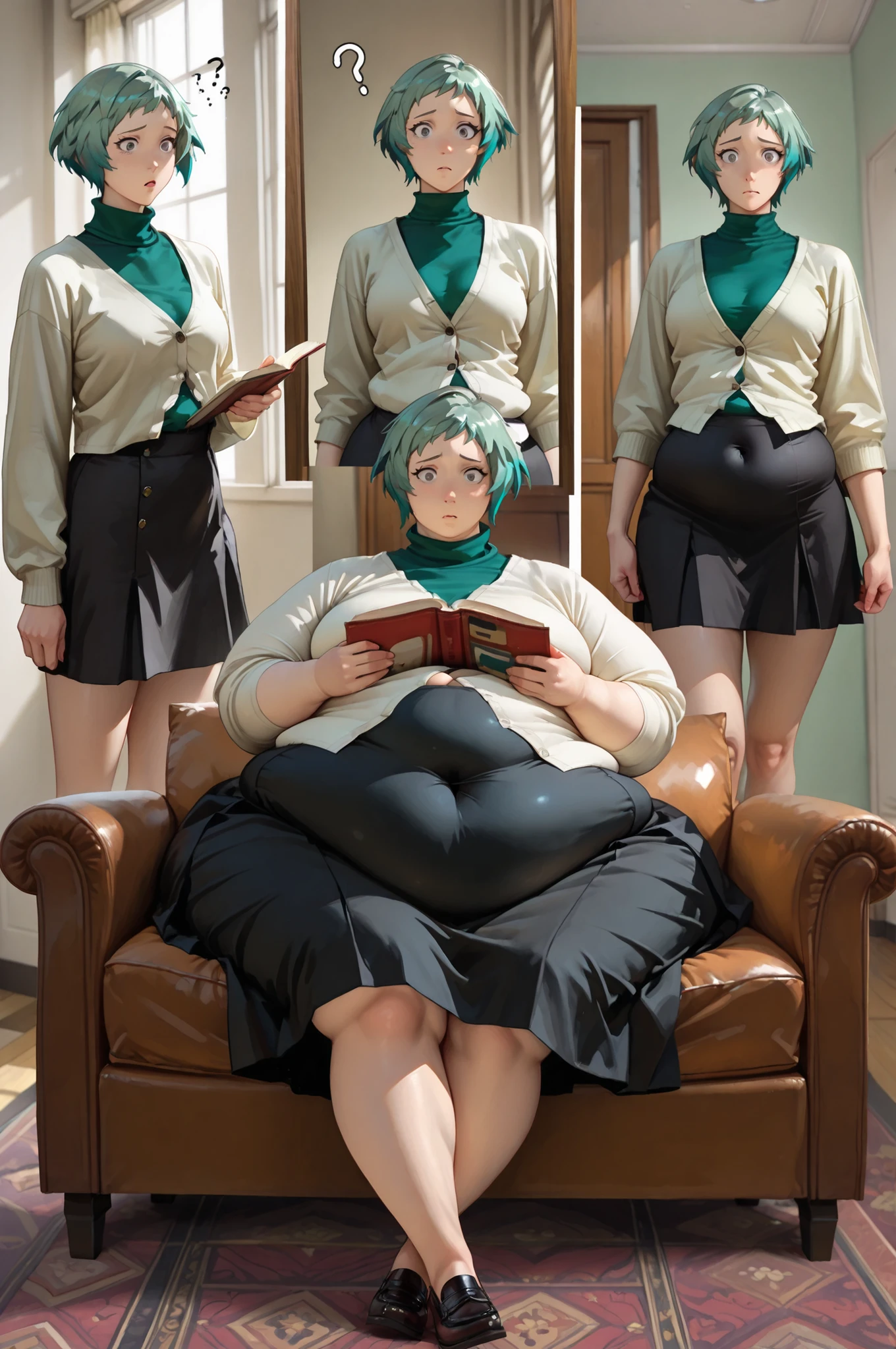 1girl, fuuka,weight gain sequence
before and after
multiple views
expressions, skinny, thin, weight gain, , (bursting belly:1.2) sequence, (chubby), plump, sitting on a couch reading a book, legs crossed, (confused emotions:1.2)(fuukasummer, aqua hair, short hair, grey eyes, cardigan, green turtleneck, short black skirt) (very skinny body) Best Quality, High resolution, 1girl in,() Details breasts, Detail pose Detail Face, detail clothes fit, 1girl in), (very small breasts), , (detailed perfect hands) , (dream like beauty) sunlight shafts , perfect lighting, cinematic composition, highly detailed, photorealistic, 8k, best quality , hyperrealisim, (), ,  (full body picture) (jab style) () (by norman rockwell) (skinny legs), skin texture, () (detail eyes!) 