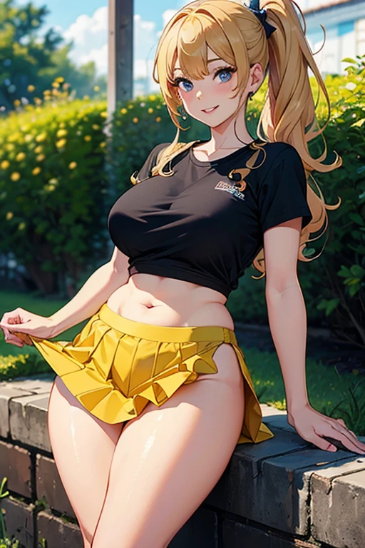 Masterpiece, Best Quality, Official Art, (Highly Detailed CG Unity 8k wallpaper), Detailed background, (Hands by Guido Daniele: 1.1), Feet Out of Frame, First Person View, 1, Attractive and Perfect Beautiful Woman, Schoolgirl, JK, Schoolgirl Uniform, Spring, Cherry Blossom, Wind Blowing, (((Show ass, butt sticks out, flipping skirt, panties visible))), 4 fingers and 1 thumb optimal proportions of the book, (curvaceous), (white thighs: 1.12), (blonde long hair: 1.12), (ahoge: 1.13), (high ponytail: 1.12), (green eyes: 1.13), looking at the viewer, big, (cleavage), beautiful face, (blush: 1.11), (smile: 1.11)