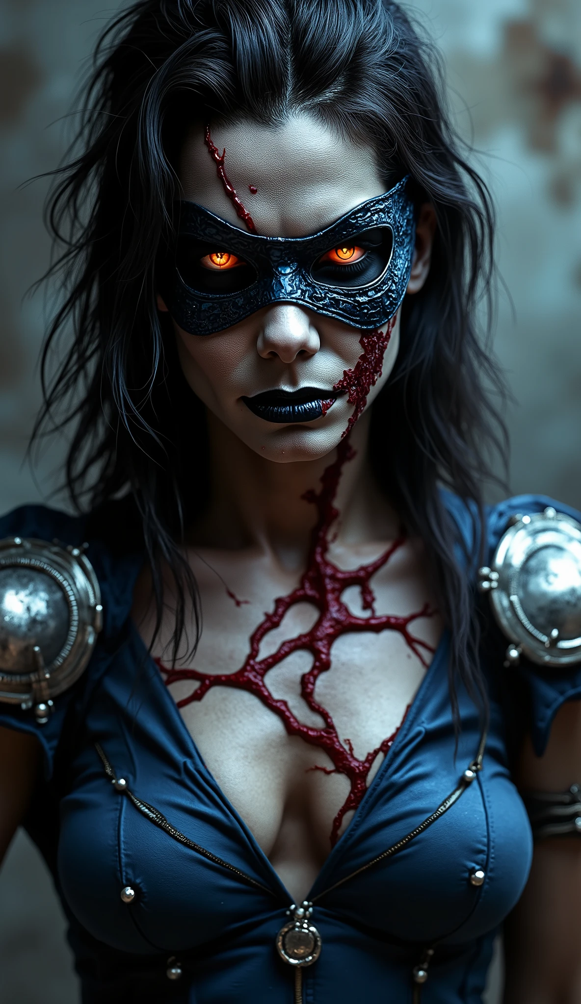 Sandra Bullock Kitana Revenant (Zumbi) - Red eyes
Grayish, cracked skin with red veins.
Dark blue mask with metallic detail on the top.
gothic costume, with sharp shoulders, visual sombrio.
Sinister Appearance, shiny eyes and dead features.