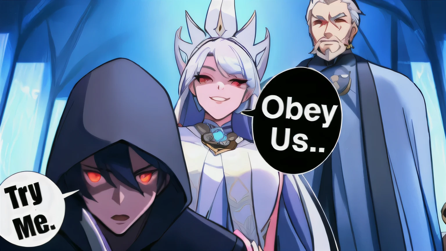 a cartoon of two people with red eyes and a black hat, omen from valorant, from overwatch, style of duelyst, onmyoji, fate grand order, overwatch style, genshin impact character, popular isekai anime, l critical role, video game genshin impact, genshin, sojourn from overwatch, cute cyber gods, isekai