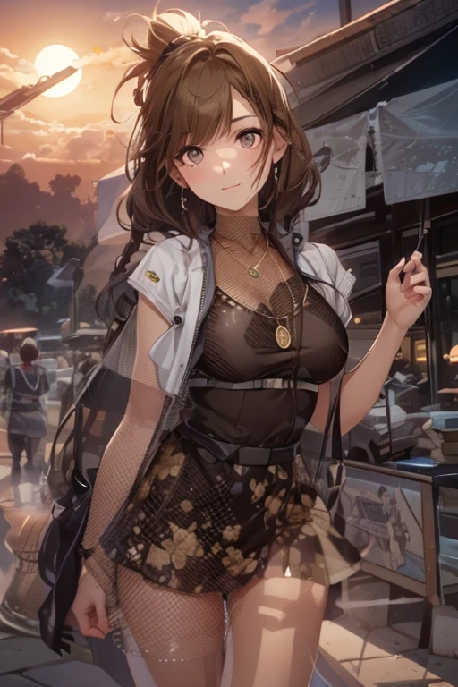 masterpiece, best quality, ultra detailed, detailed eyes, sparkling eyes, The image depicts a young woman standing in a nighttime urban setting, possibly a bustling city street illuminated by vibrant lights and signs in the background. She has long, flowing brown hair adorned with a hairpin, and striking green eyes that give her a captivating and slightly melancholic expression. Her attire is stylish and modern, consisting of a white cardigan partially open to reveal a dark top underneath, which highlights delicate lace detailing. She also wears a pleated skirt that complements her overall fashionable appearance. The woman is accessorized with a small pendant necklace and a black handbag slung over her shoulder. The background is blurred but suggestive of an active nightlife scene, with neon signs and the glow of streetlights creating a warm, inviting atmosphere. The composition and lighting of the image contribute to a soft, almost ethereal quality, enhancing the character's beauty and the setting's charm.