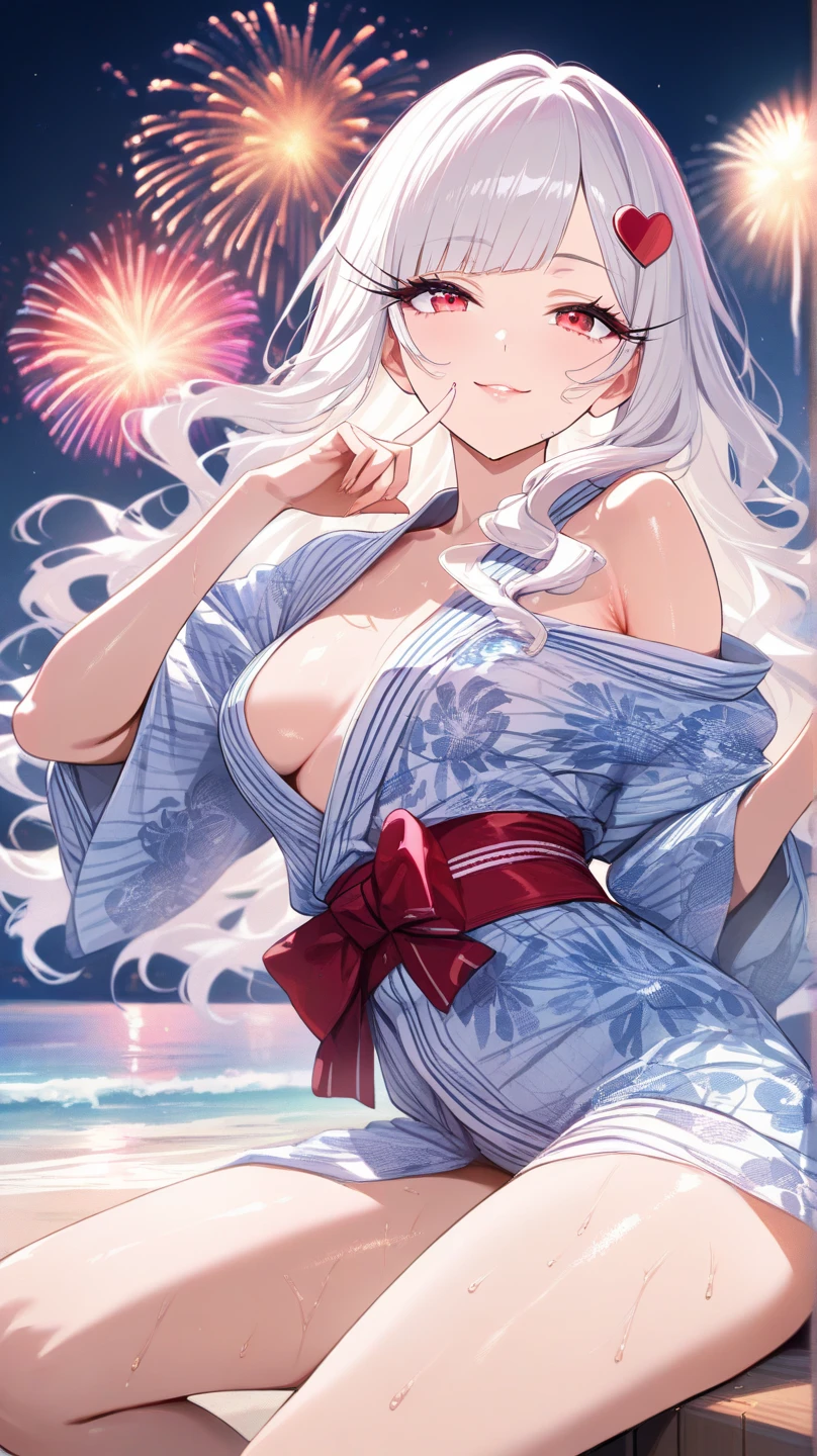 ((One personの女性)), Beautiful Face, A painful face,Sleepy look,((Wink:3.0)), ((The penis is positioned just above the vagina:2.8)),((sweat flowing from the vagina:1.8)),((Massage the breasts:2.8)), ((Breast milk overflows from the nipples:3.3)),((Red cheeks:1.4)),Open your mouth wide and shout,Glossy pink lips,night,rooftop,Sit on the sofa,You can see the ocean, firework,((Anime style background)),masterpiece, Highest quality, so beautiful, ,Latest, Complex details, (Pink long nails),(ring),(bracelet),(choker),AI-generated, Complex,High resolution, Highest quality, super high quality,3D Images、View your viewers、3D Images,One person,Long white hair,High Ponytail,(blue eyes),Anime woman posing for a photo, ((Fine grain、Silvery white colorful eyes、Shining Eyes:1.4)),(Squint your eyes:1.1),a hyperRealistic , Realistic,Long white hairのアニメ女性, Smooth anime CG art, A woman in a colorful kimono with gold embroidery, (Black furisode),Red floral pattern,Long flower hair ornament,Large earrings,Mature Body,(Big Breasts:1.1),Mature Body,expensive,Big Ass,Narrow waist,[Zoom in on face:1.1],(Spread your legs),Exposed vagina,(Shooting from below at an angle),Sweat