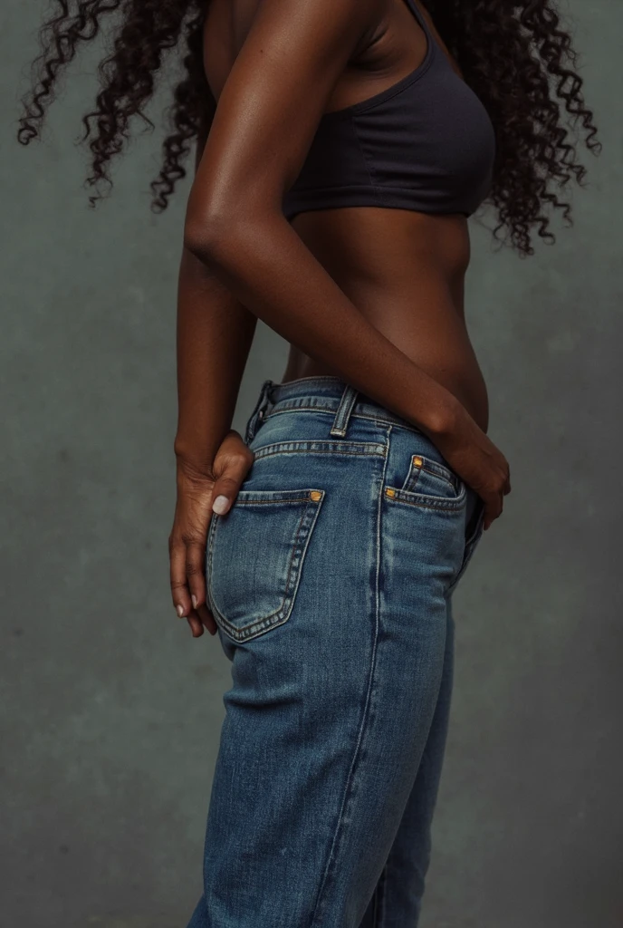 Black teenager wearing jeans, skinny and with a big ass, showing only the back. Shirtless and holding breasts