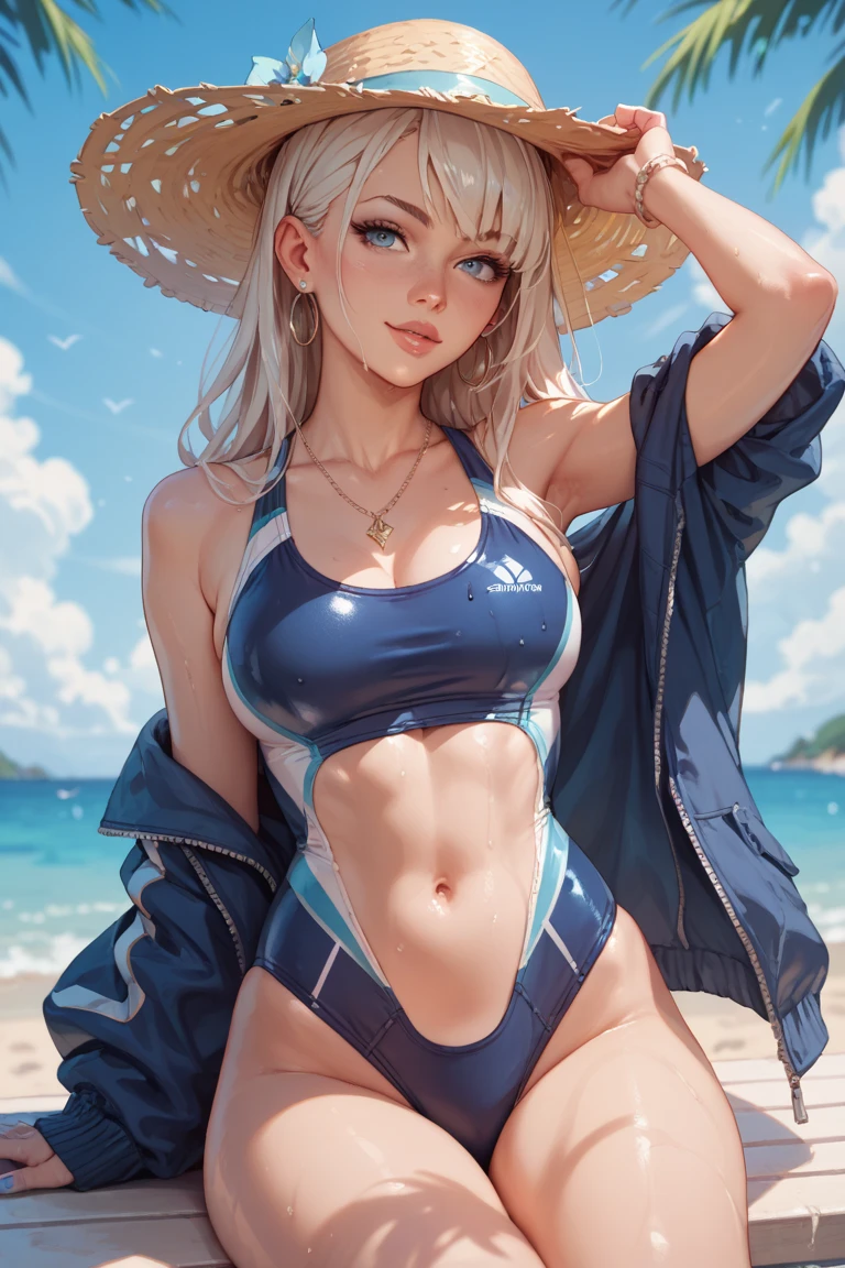 Wearing a swimsuit Holding a gun