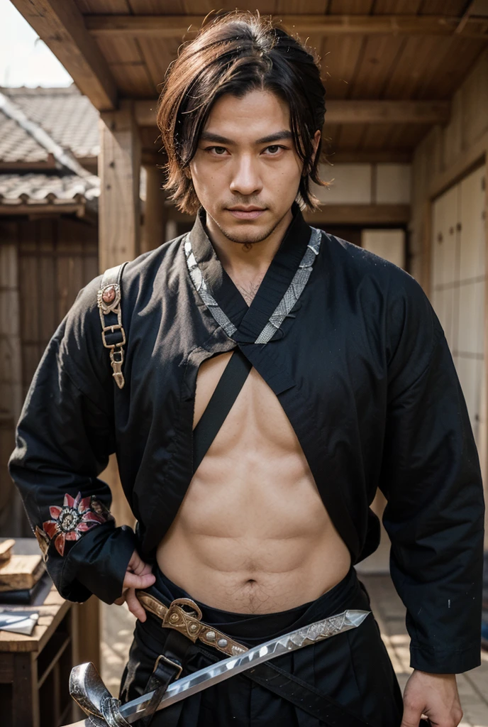 (Photorealistic: 1.2, Best Quality, 8k, Wet: 1.3), (Man, 20 years old, Soji Okita, Yukata, Sword Waving, Dynamic Pose, Samurai, Sweat: 1.2, Wet: 1.2), Actor, Muscle, Long Hair, (Film Lighting), Tan, Soft Light, Double Eyelids, (Seductive), (((excited))