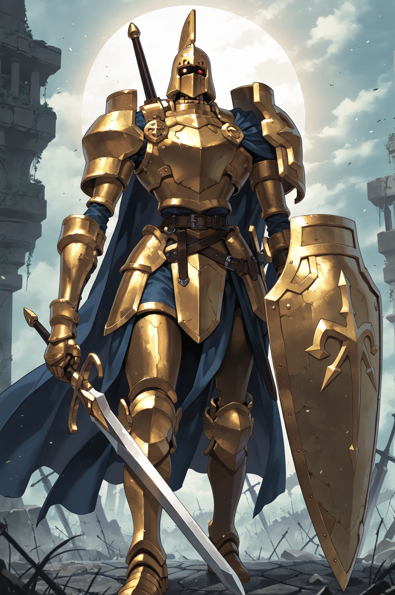 (masterpiece, best quality:1.2), highly detailed, fantasy theme, solo, 1 golem , golden armor, bearer heavy shield and long sword a ruins on background, fan art,