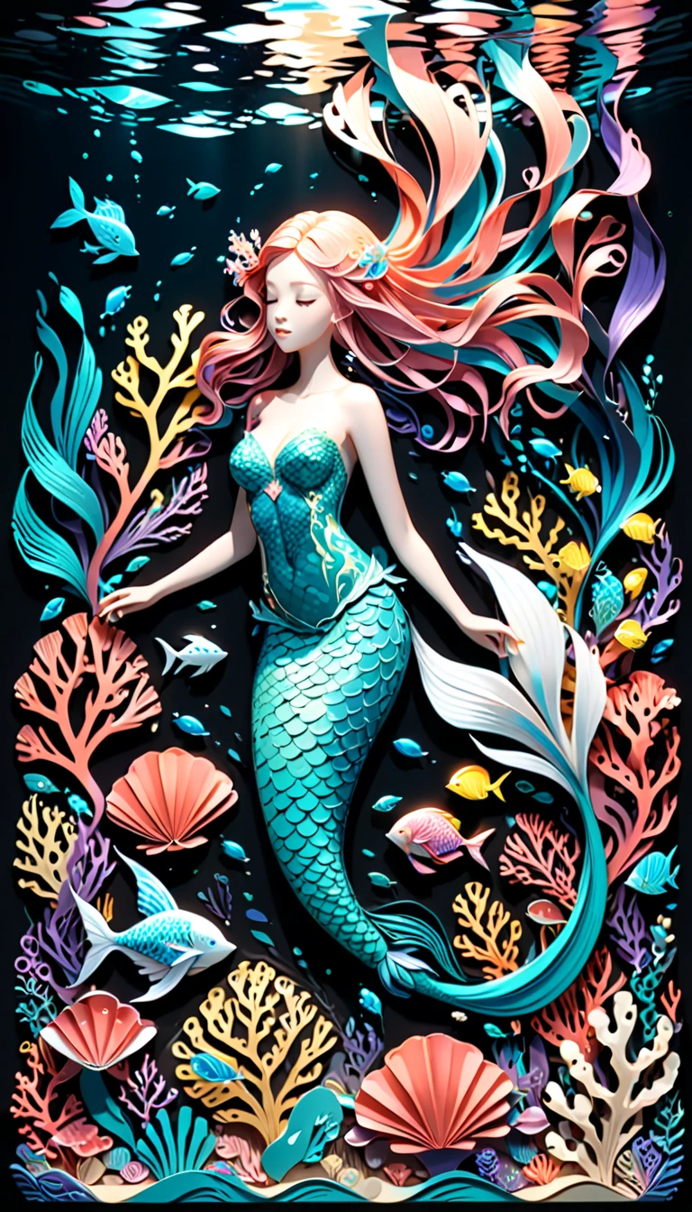 (The Little Mermaid:1.9)、Waterfall climbing、(Ukiyo-e:1.2)、woodblock print、otherscape、elegant、(highest quality、4k、8k、High resolution、masterpiece:1.2)、Super detailed、(Realistic、Realistic、Photorealistic:1.37)、Intricate details、Beautiful detailed eyes、Beautiful detailed lips、Highly detailed face、Long eyelashes、Flowing Hair、Graceful pose、Dramatic lighting、Warm color palette、looking at the camera、mynatalee woman