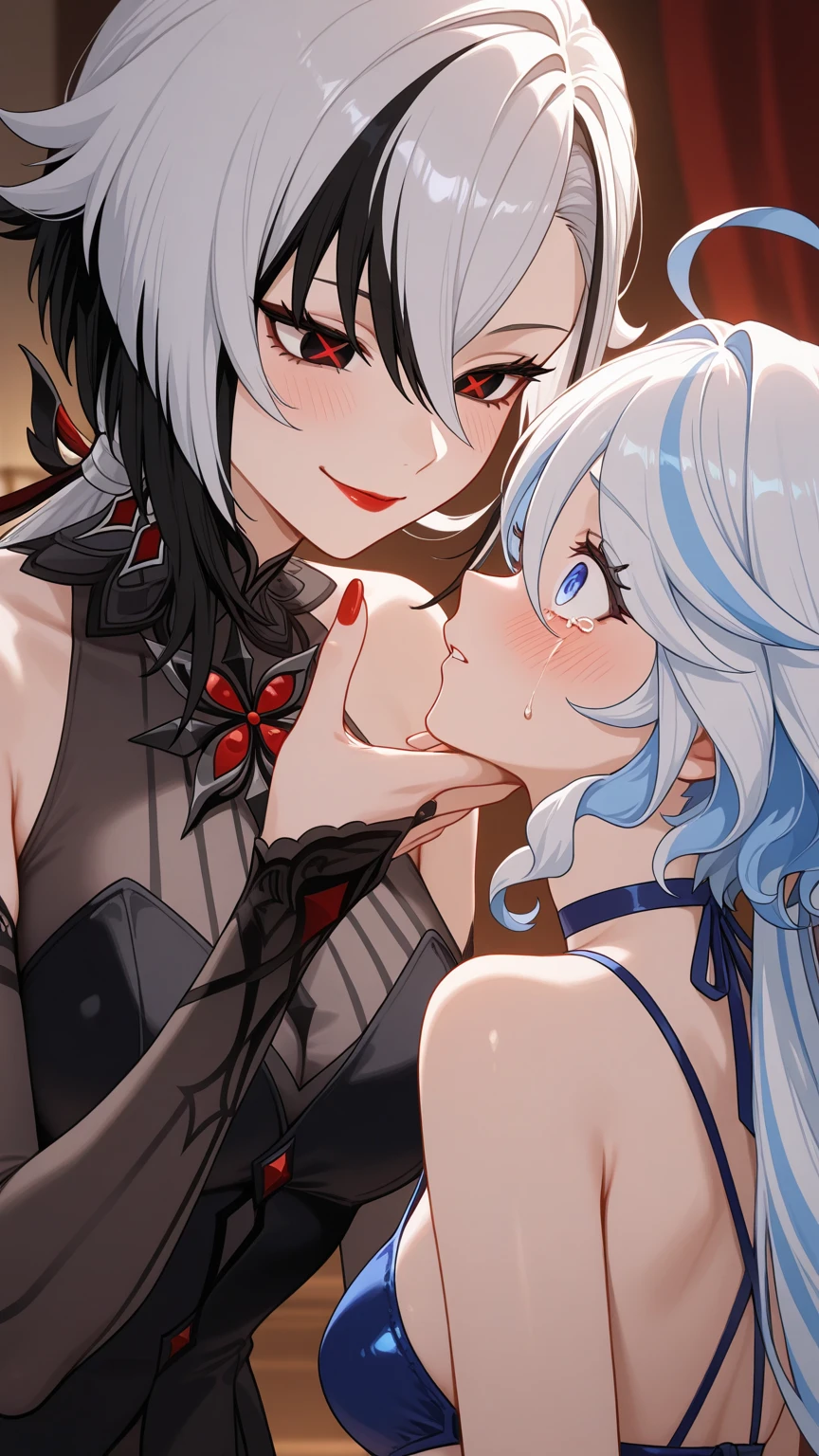 Two milf kissing each other deeply,Ch'en and Talulah(from Arknights,Ch'en has a blue hair while Taluah has a grey hair),nsfw,curvy body
