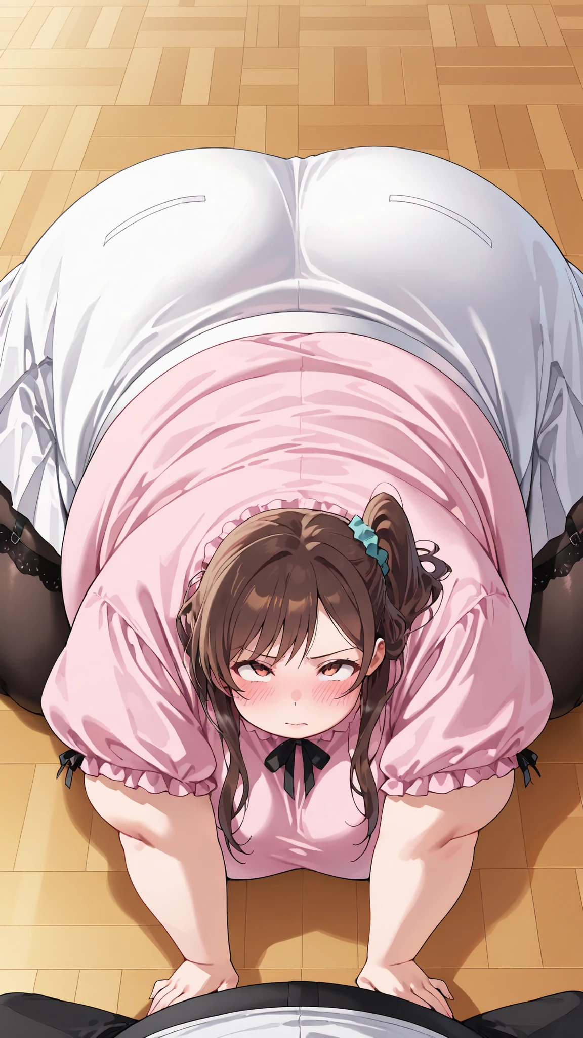 Score_9, Score_8_up, Score_7_up, Score_6_up, Score_5_up, Score_4_up, Source_anime, Tag1, Tag2, Best quality, High quality, Detailed, High resolution, 8k, Ultra high res, Soft saturation, Professional quality, Perfect contrast, Perfect litthing, Anatomically correct, Huge breasted, Wide hips, Gargantuan butt, Sensual woman, mature female, milf, motherly, Aiko_Katsuragi, blush, blush lines, seductive BREAK Face focus, Looking up, Top-down, Leaning forward, Wearing Garter Bra, Wearing Tight Garter Pantyhose Pants, ASS GRABBED, ASS SQUEEZED ASS GROPED.chizuru ichinose, long hair, bangs, brown hair, brown eyes, one side up,
skirt, shirt, short sleeves, puffy sleeves, puffy short sleeves, white skirt, pink shirt, WeightObese, plump, chubby, hyper fat, hyper obese