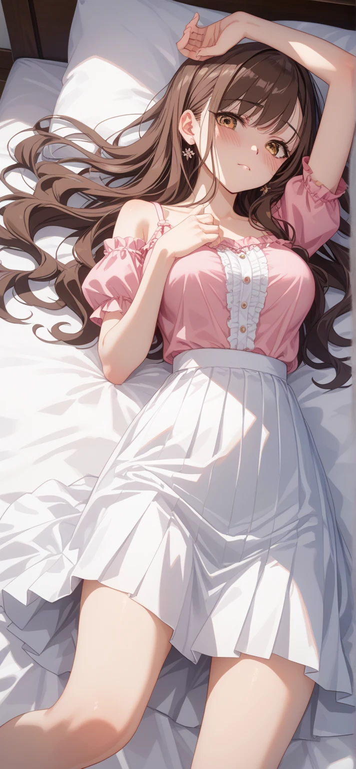 (masterpiece, Highest quality:1.2), One girl, alone,bony body、15 years old、Anime Style、(masterpiece, Highest quality:1.2), One girl, alone,bony body、15 years old、lie , pillow hug dakimakura (object) , master piece , best quality , detailed , (matured female) , blouse , room , indoor