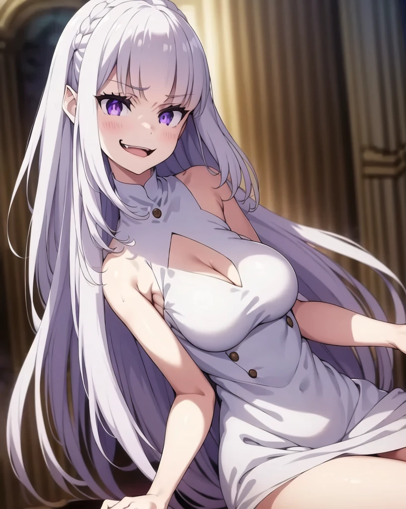 (obra maestra), 1 chica, Solo, Mejor calidad, ojos expresivos, cara perfecta, cabello muy largo, white hair BREAK yellow eyes BREAK pale skin, vestido blanco ROMPER pared de ladrillo, escote, pechos grandes, cuerpo delgado, :), sonrisa ligera, mirando al espectador, de pie, vestido sin mangas, hombros descubiertos, gargantilla