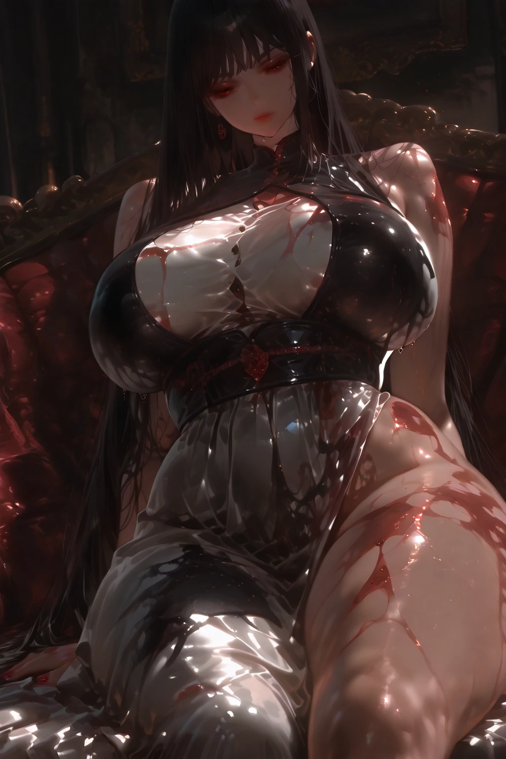 (((masterpiece, highest quality:1.2))),nsfw,(POV,vaginal penis),((Hymen is broken and vaginal bleeding:1.7,Bleeding blood spurts from the vagina:1.4)),1woman,20 year old beauty,Explorer,.solo,((very small head:1.3)),(tan skin:1.3),brown hair,ponytail hair,brown eyes,blunt,((very long and slender body:1.4)),toned body,skinny,medium breasts,shiny skin,oily skin,sweat:1.4,blush,crying,open mouth,naked,nipples,clavicle、navel、vagina,Love juice:1.3,(1man and 1woman,having sex,Normal position),lying,on back,spread legs,Brown sleeping bag、In a dark cave、Rocky area、Bonfire light、