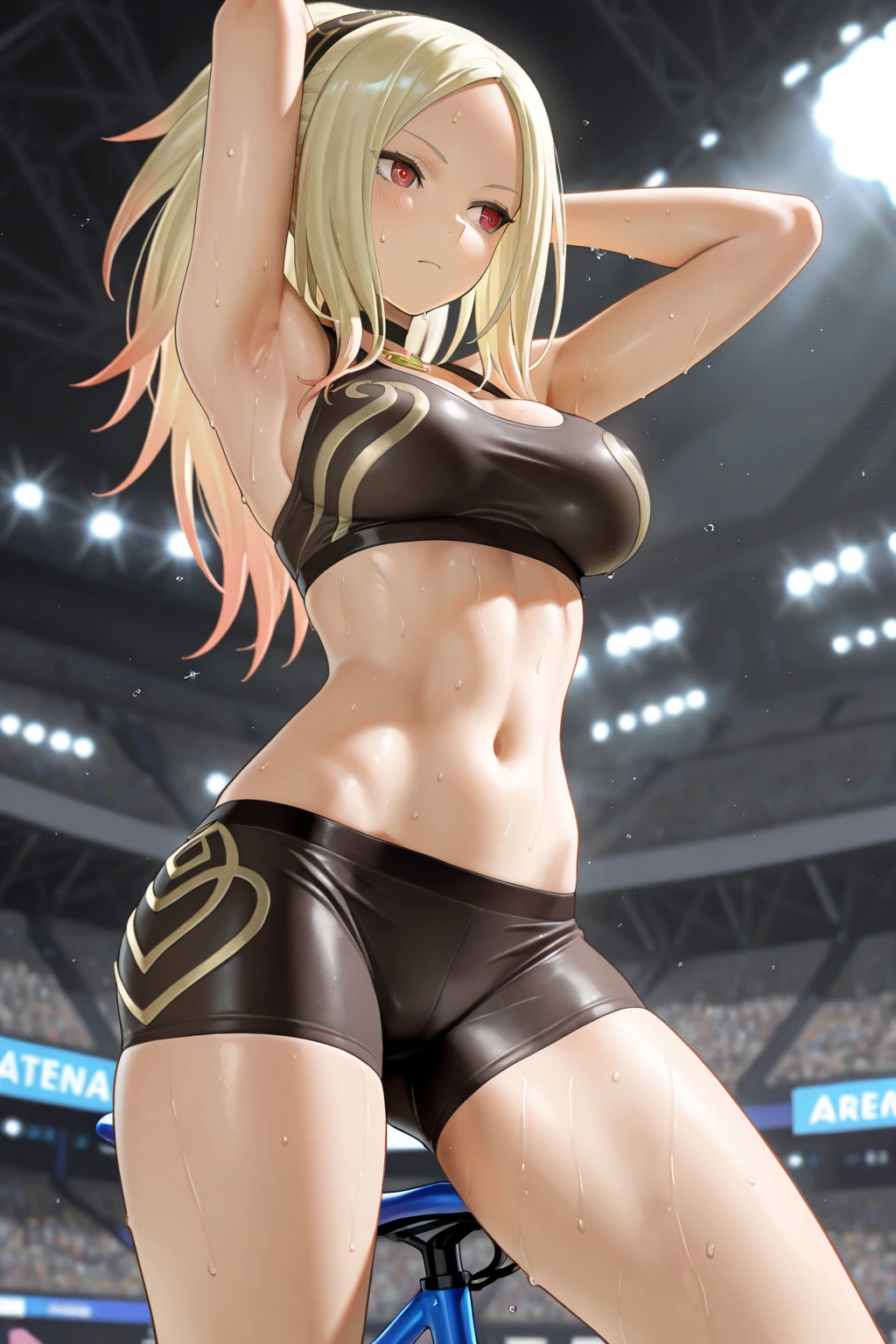 masterpiece, best quality, 8k, best light, shadows, perfect anatomy, front view perspective, looking at viewer, posing, 1 girl, 26 years old, mature, europe girl, blonde middle hair, straight hair, pretty eyes, black eyes, tight sport shirt, short, ass, breast, thighs, naughty, seductive, pretty, hot, spicy, stadium background, showing tits,