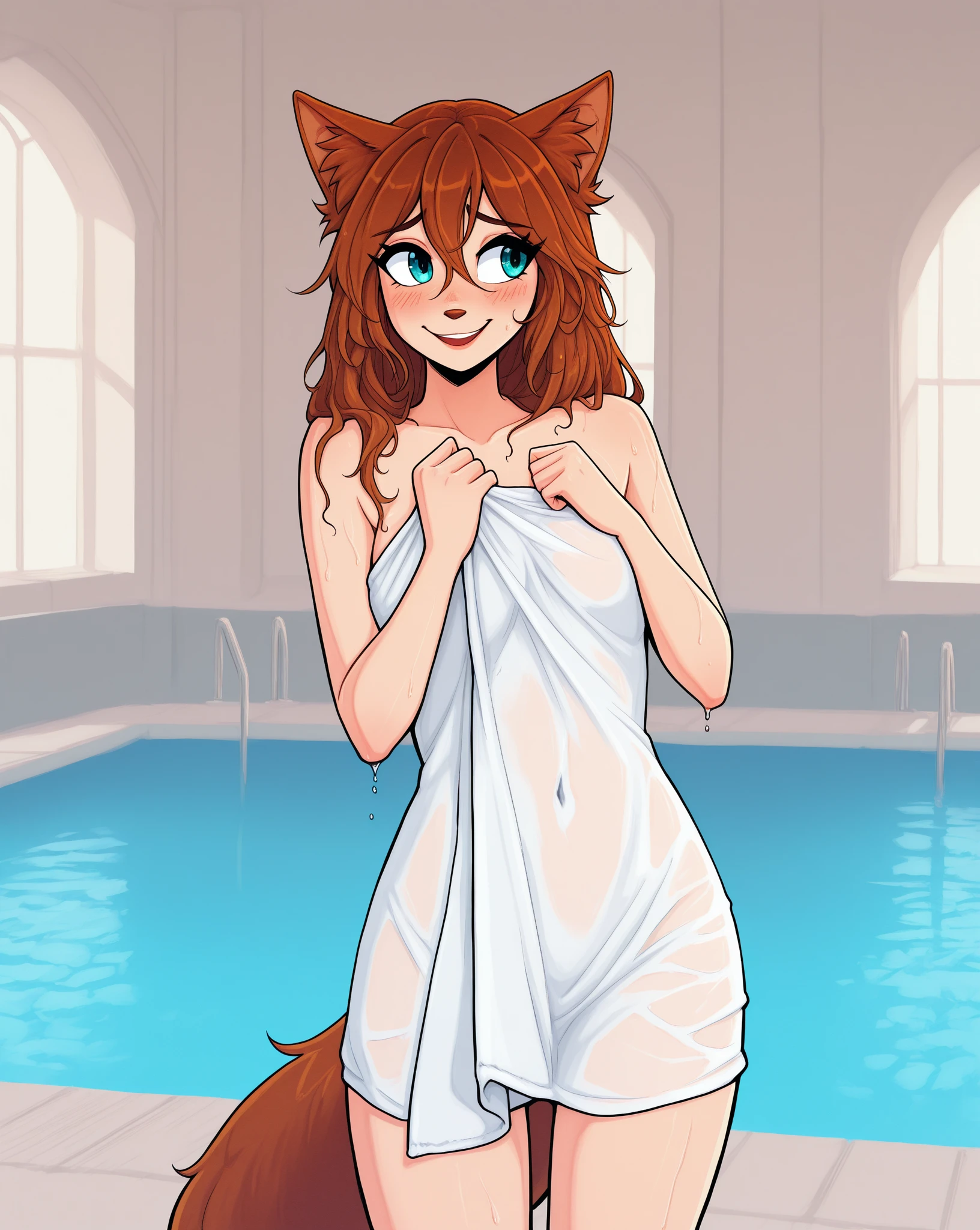 score_9, score_8_up, score_7_up, score_6_up, Spa, bathing, pool, stretched legs, washing her body, soap bubbles, night, looking at viwer,  leg up, front view ,BREAK solo, 1girl, elora, faun \(spyro\), red hair, mammal, anthro, deer, nude, naked, hooves, medium breasts, blushing, shy smile, nipples, hot water, nude towel, lying on pool, 