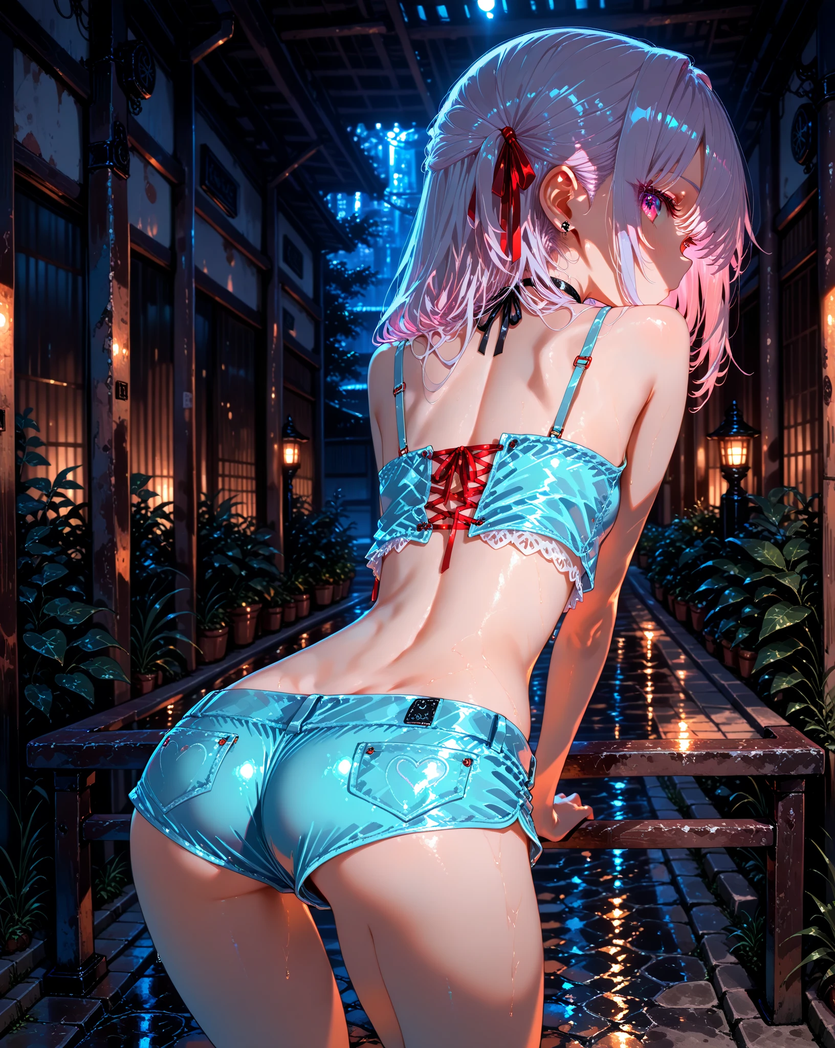 Very beautiful girl, See through，Beautiful and fair、Beautiful Skin、Glowing Skin, bright, Refreshing and gentle look, Perfect beautiful face、Beautiful shiny bangs, Small breasts，Lace dress，See through,(((女性のためのsexyな透明なパンティー,Hola,seamless,Low waist,Plain,Quick-drying underwear,sexy))),(To look directly at the crotch.),(Tea-colored hair with a pink ribbon and twin tails:1.23),(((ベルトとストラップ付きのFor women下着セット,Metal Chain,sexyなランジェリー,4 Piece Set,Porn Wear,Nightclub Temptation,For women))),((Underwear is transparent level 45%)),((50% chance of wearing thin underwear%))