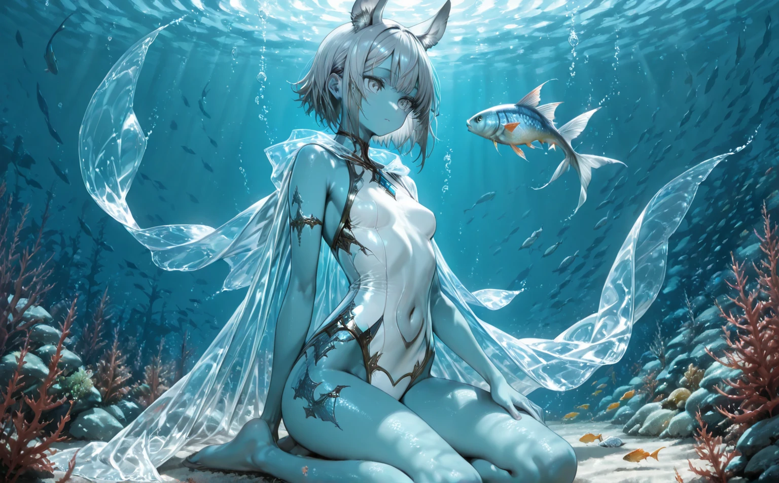 young girl, (((slim body))), ((slender body)), (((flat chest))), slim waist, (((deep sea))), (((darkness))), ((dark background)), (((underwater))), (((deep sea fish in the background))), ((anglerfish)), (sharks), (((bioluminescence))), (glowing white eyes), ((silver white eyes)), white hair, (((white-skinned))), ((shiny skin)), ((glowing speckles on skin)), (big eyes), (pointy ears), deep sea monster, fins, spikes
