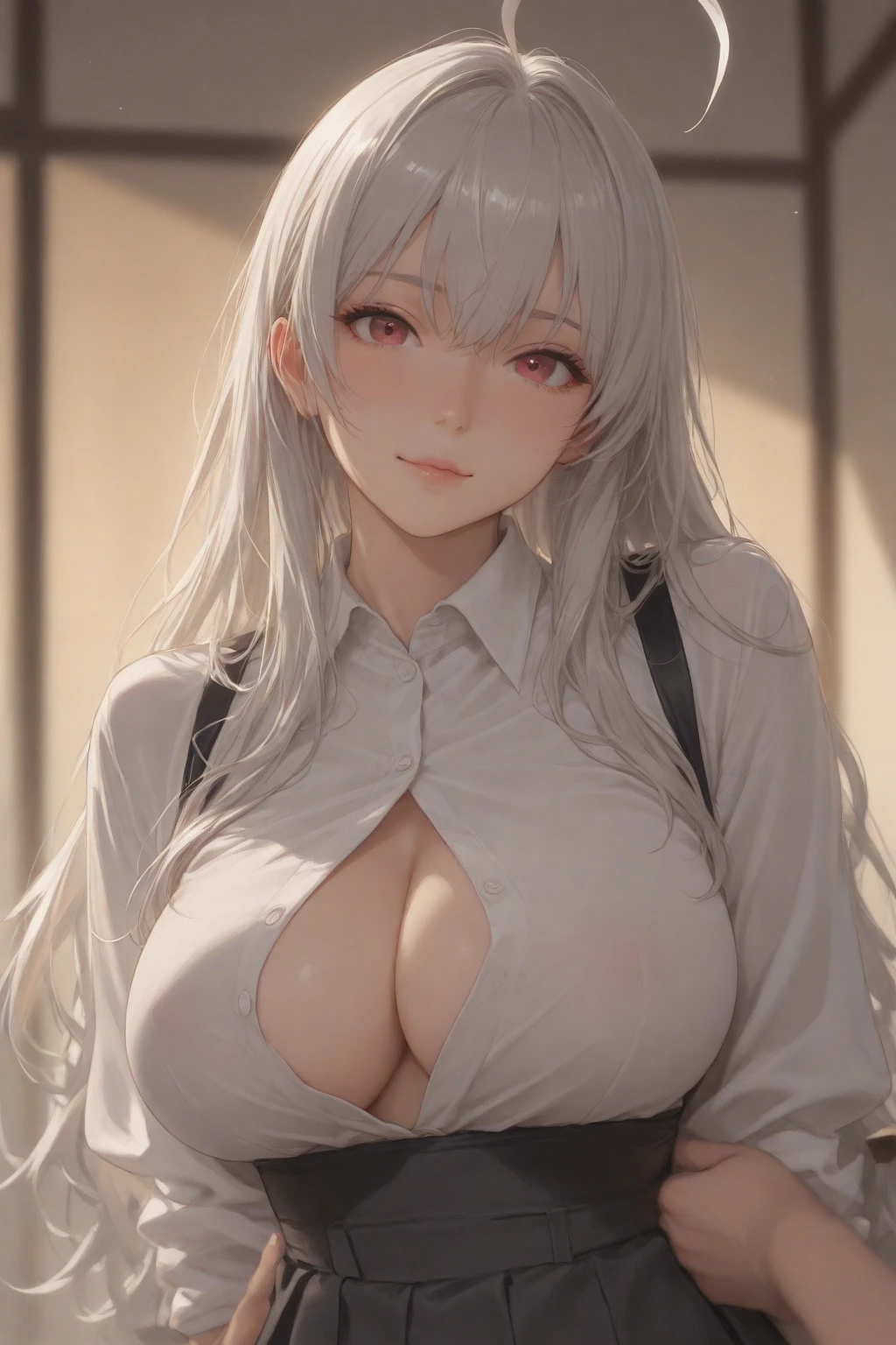 Make an albino woman, beautiful and korean, make her with black eyes looking through a window that looks out onto a clear and beautiful forest, make her wear a white coat with a black top, and make her suck a cylindrical popsicle,thick, de chocolate,