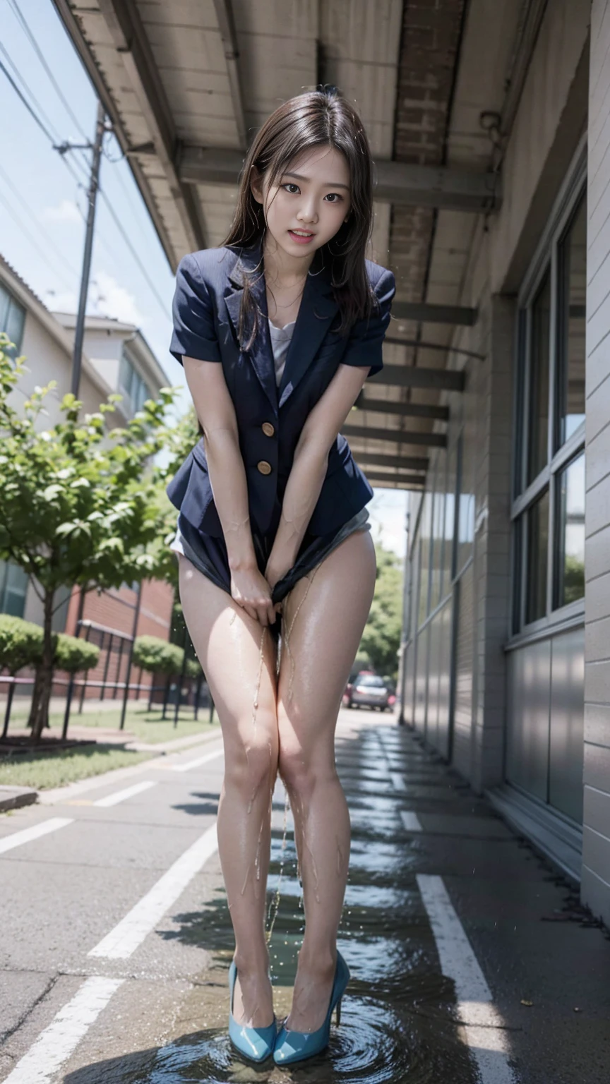 A female teacher pees while taking a group photo with many students、Urinary incontinence、peeing herself、A lot of pee、From below、White Suit、White Mini Skirt、High heels、Perfect figure、Extremely beautiful、In front of the school building、Standing upright and peeing、Steam rising from the pee、Female teacher embarrassed、surrounded by a large number of students