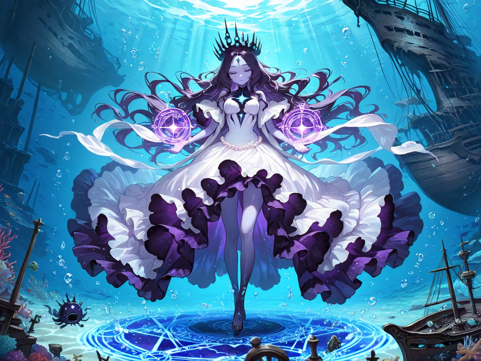 On top of an iceberg lives the Ice Queen (Hans Christian Andersen's fairy tale), blue eyes, long black hair, staff in hand, riding on an ice monster, with icebergs in the distance, masterpieces, high quality, epic composition, super detail